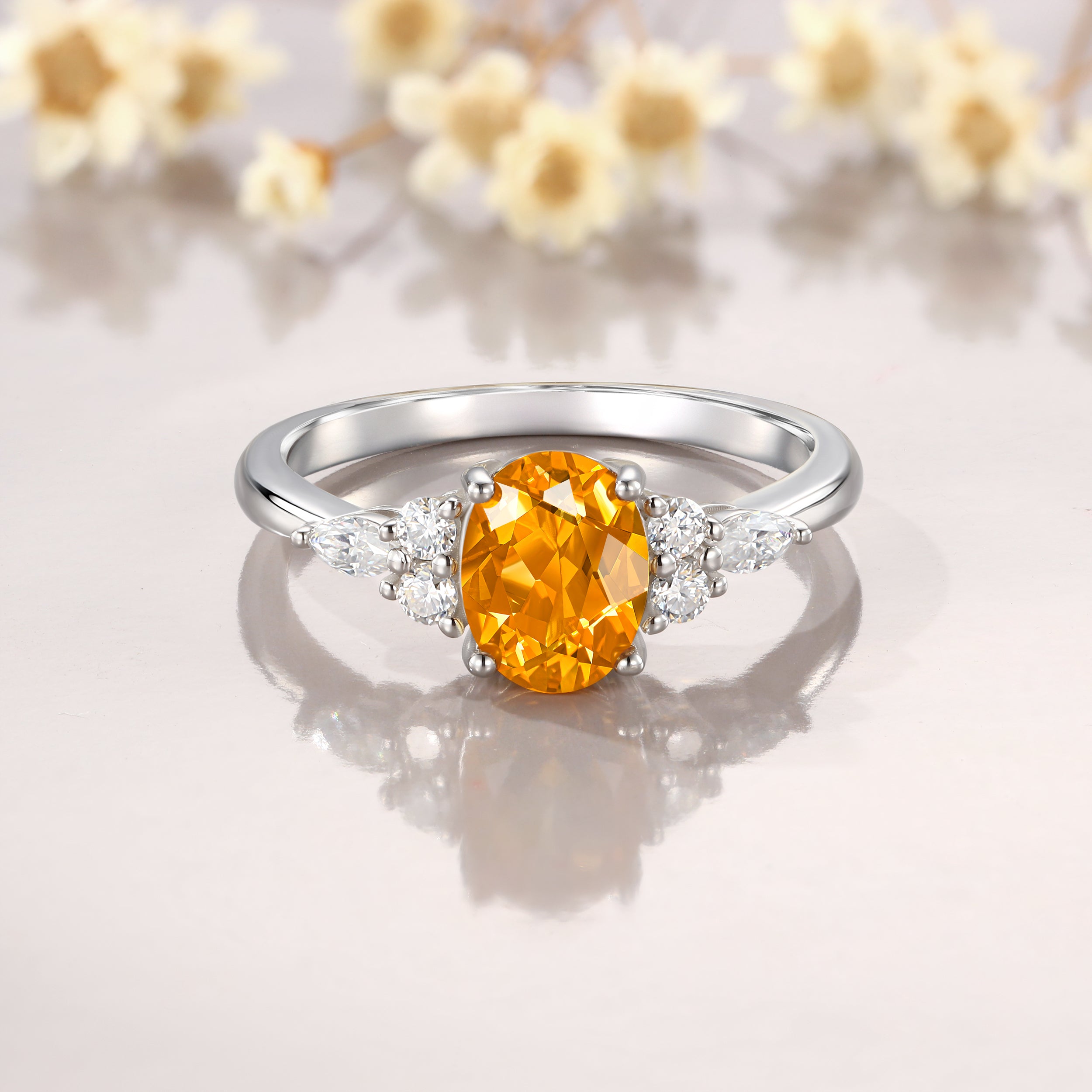 Yellow citrine ring, November birthstone, round cut stone offers ring, sterling silver, halo engagement ring