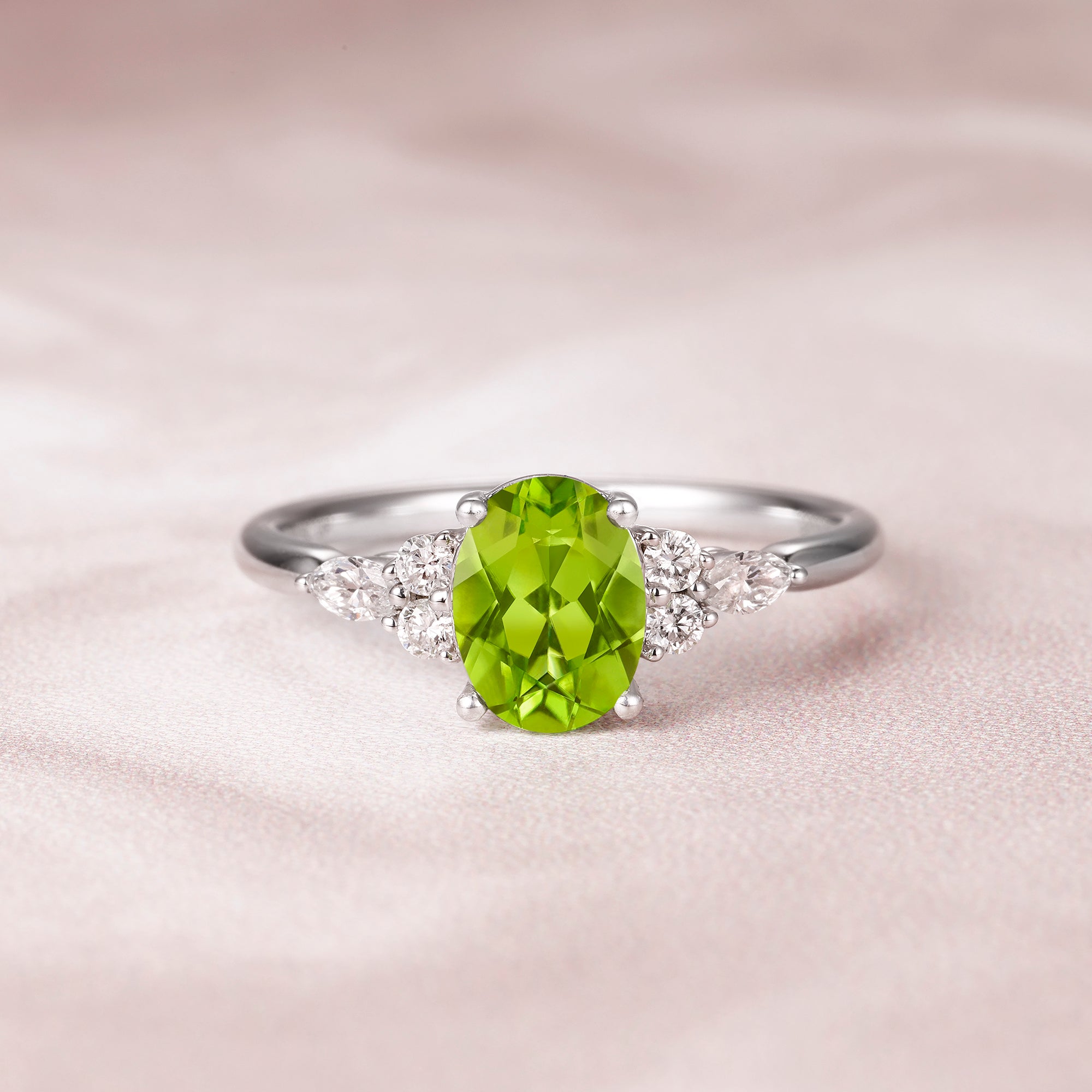 Vintage Peridot Engagement Ring, Genuine Peridot Ring, Oval Shaped White Gold Diamond Wedding Ring, Promise Ring, popular Thanksgiving Gifts