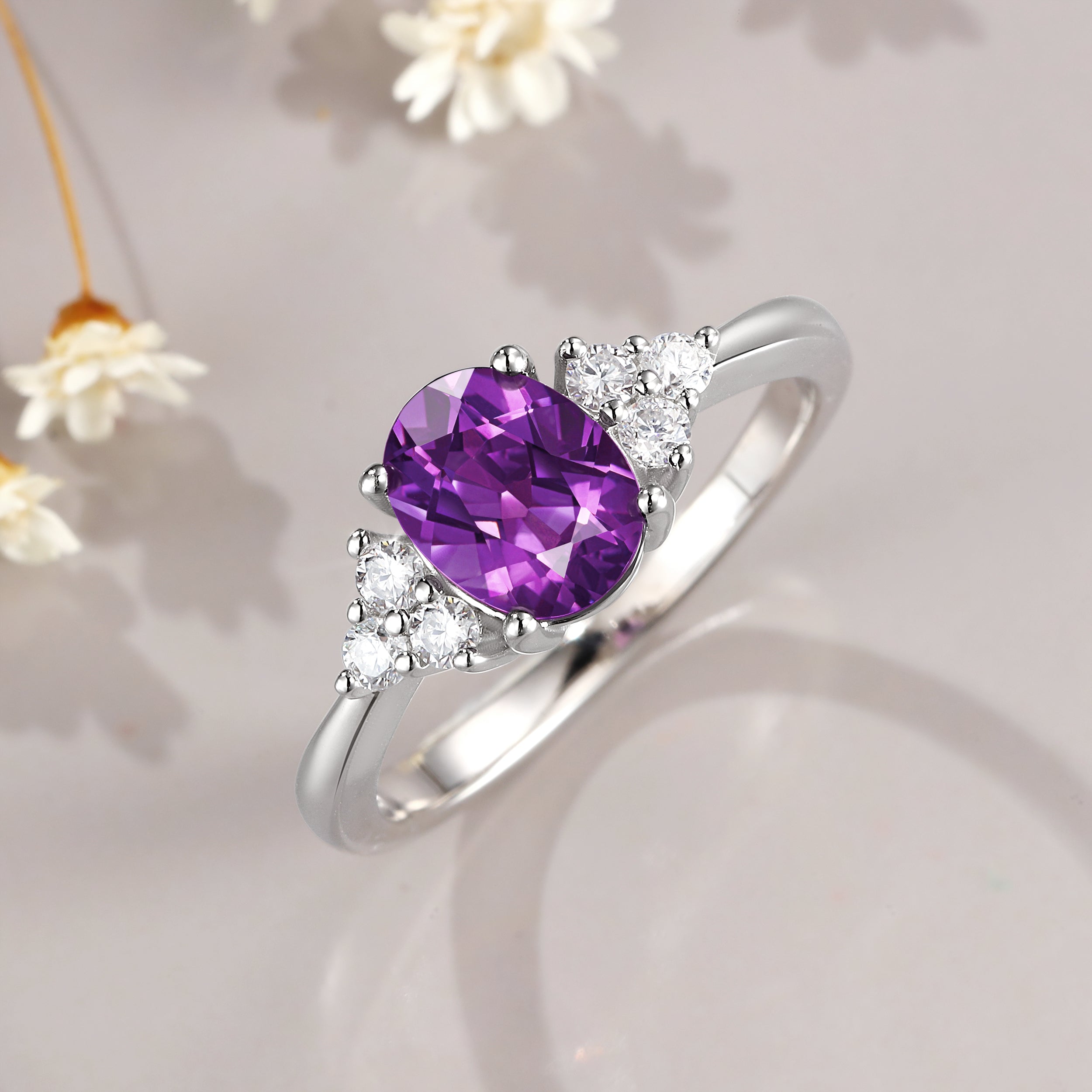 Vintage Oval 	Amethyst Engagement Ring 14K White gold marquise moissanite ring color changing stone June Birthstone Ring Anniversary Gift