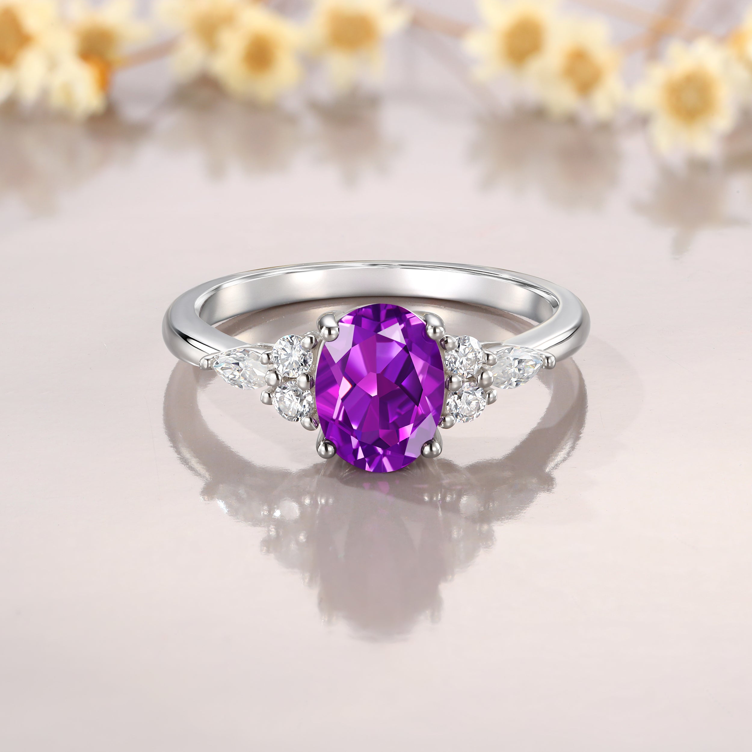 Moissanite Halo Amethyst online Engagement Ring, June Birthstone Ring, Dainty Ring, Art Deco Promise Ring, Amethyst Ring, Anniversary Ring