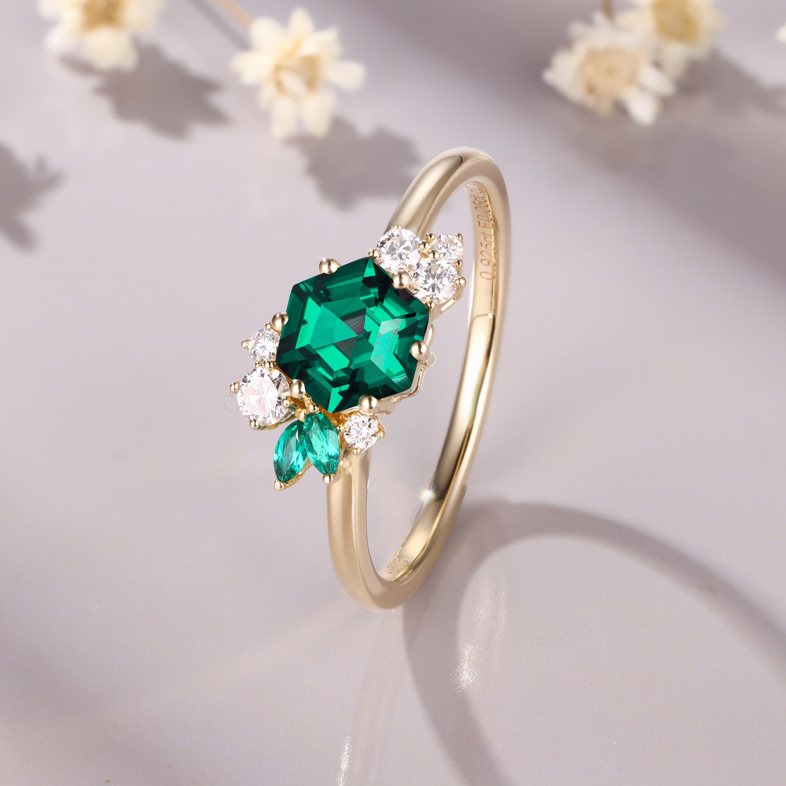 Vintage Hexagon Emerald engagement ring 14K yellow gold emerald ring art deco moissanite bridal wedding ring for women May birthstone