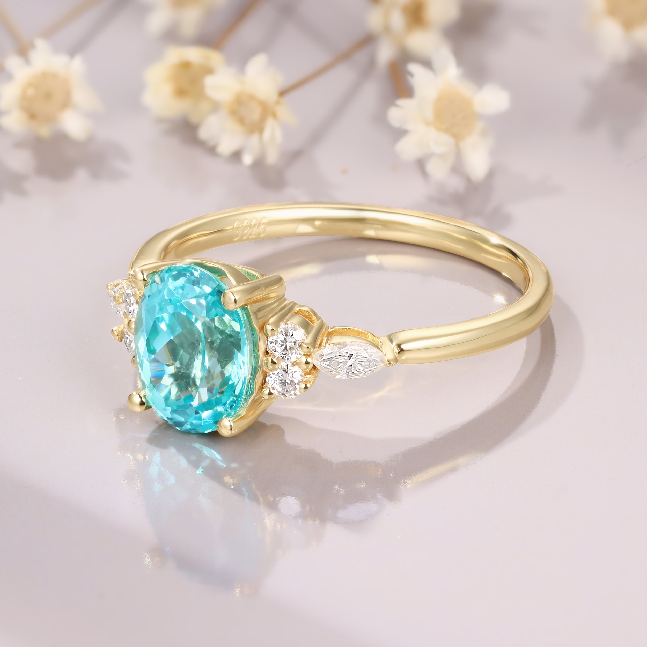 Unique Oval Cut Paraiba Tourmaline Engagement Ring Rose Gold paraiba Wedding Ring Moissanite Cluster Anniversary Promise Rings For Women