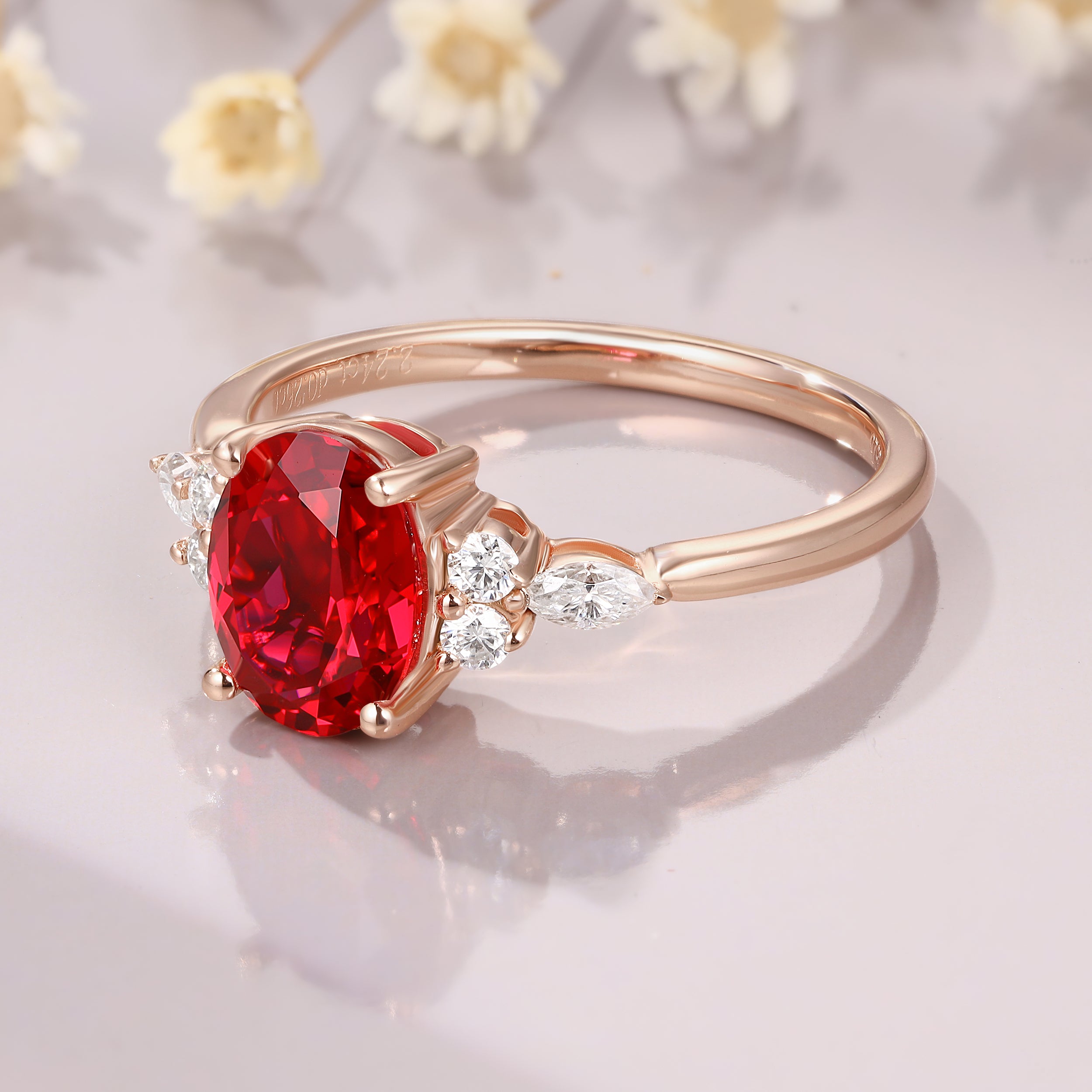 oval ruby engagement ring 14K rose gold ruby moissanite ring Cluster bridal ring Anniversary ring gift for her Promise gift