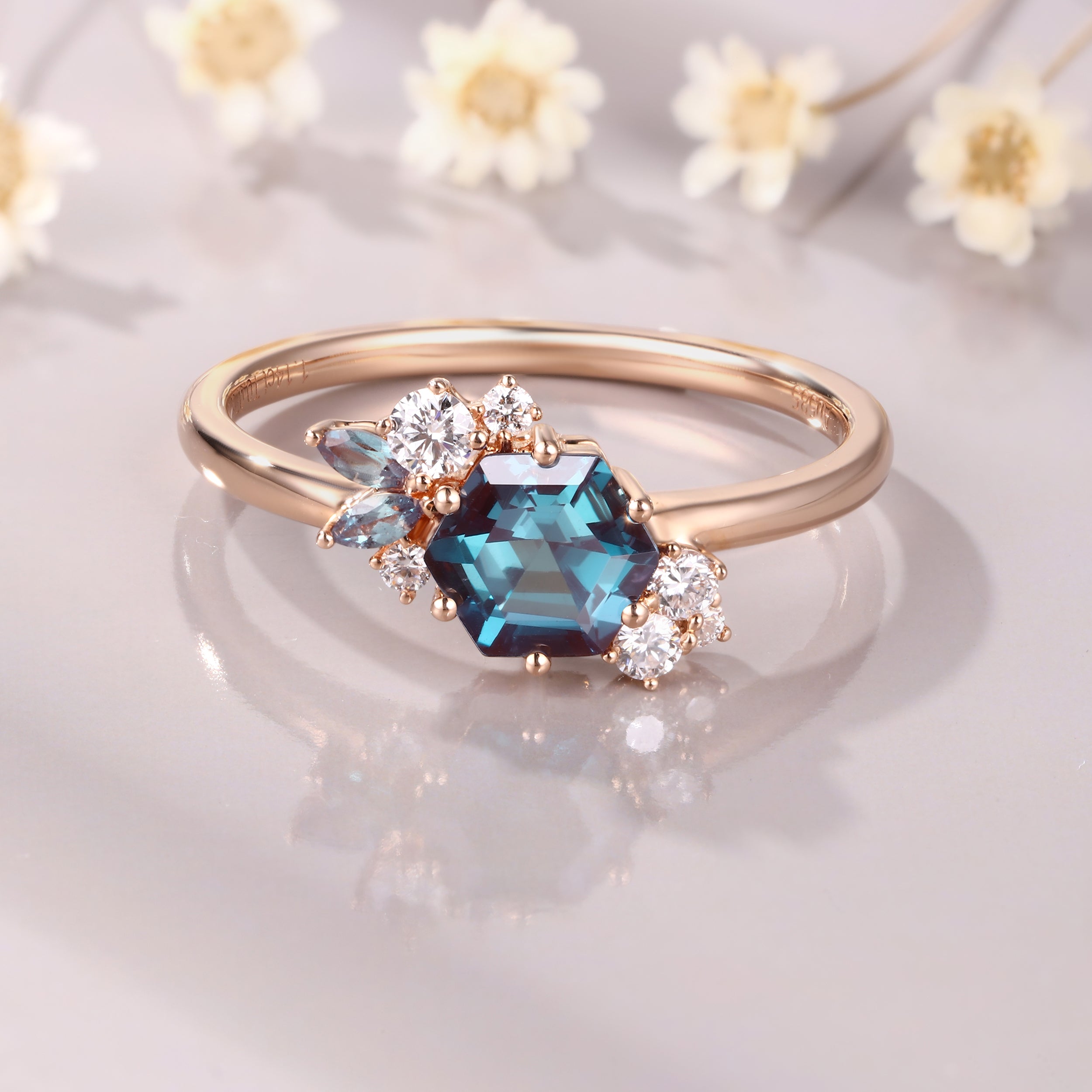 Unique Alexandrite Engagement Ring vintage Alexandrite cluster Ring art deco moissanite bridal ring gift for women