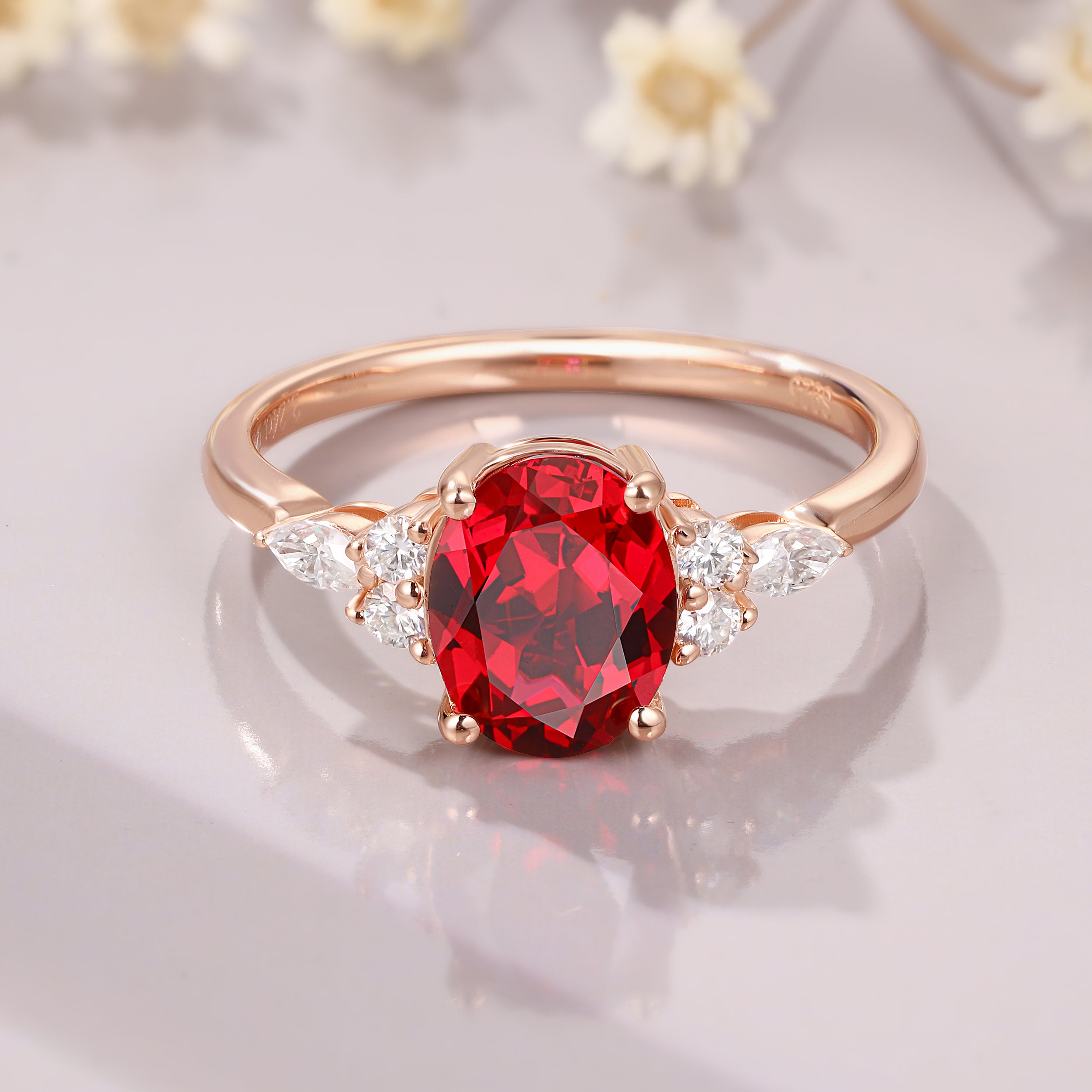 oval ruby engagement ring 14K rose gold ruby moissanite ring Cluster bridal ring Anniversary ring gift for her Promise gift