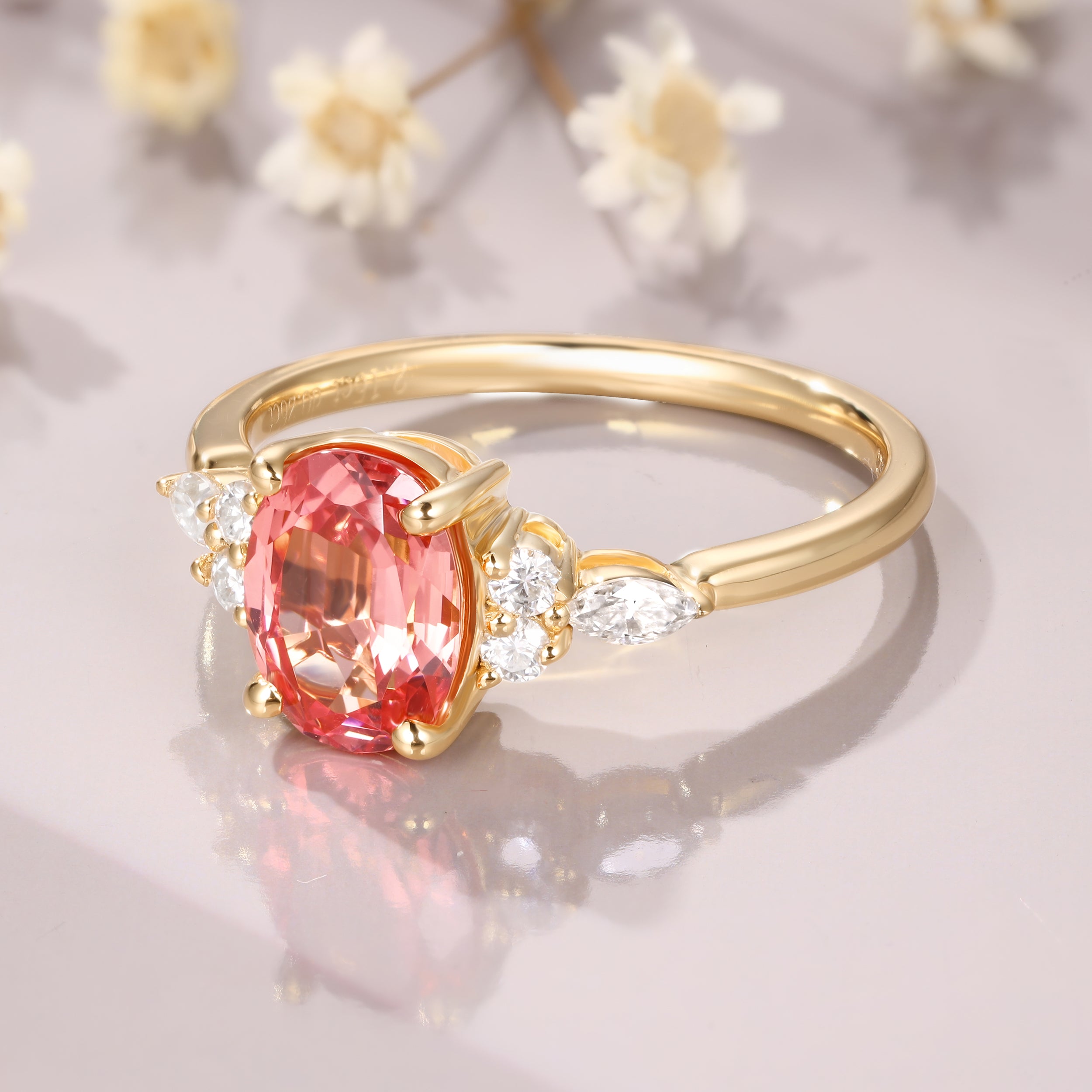 Oval Cut Padparadscha Sapphires Engagement Ring 14K Yellow Gold Padparadscha Ring Pink Sapphire Ring Anniversary Gift For Women