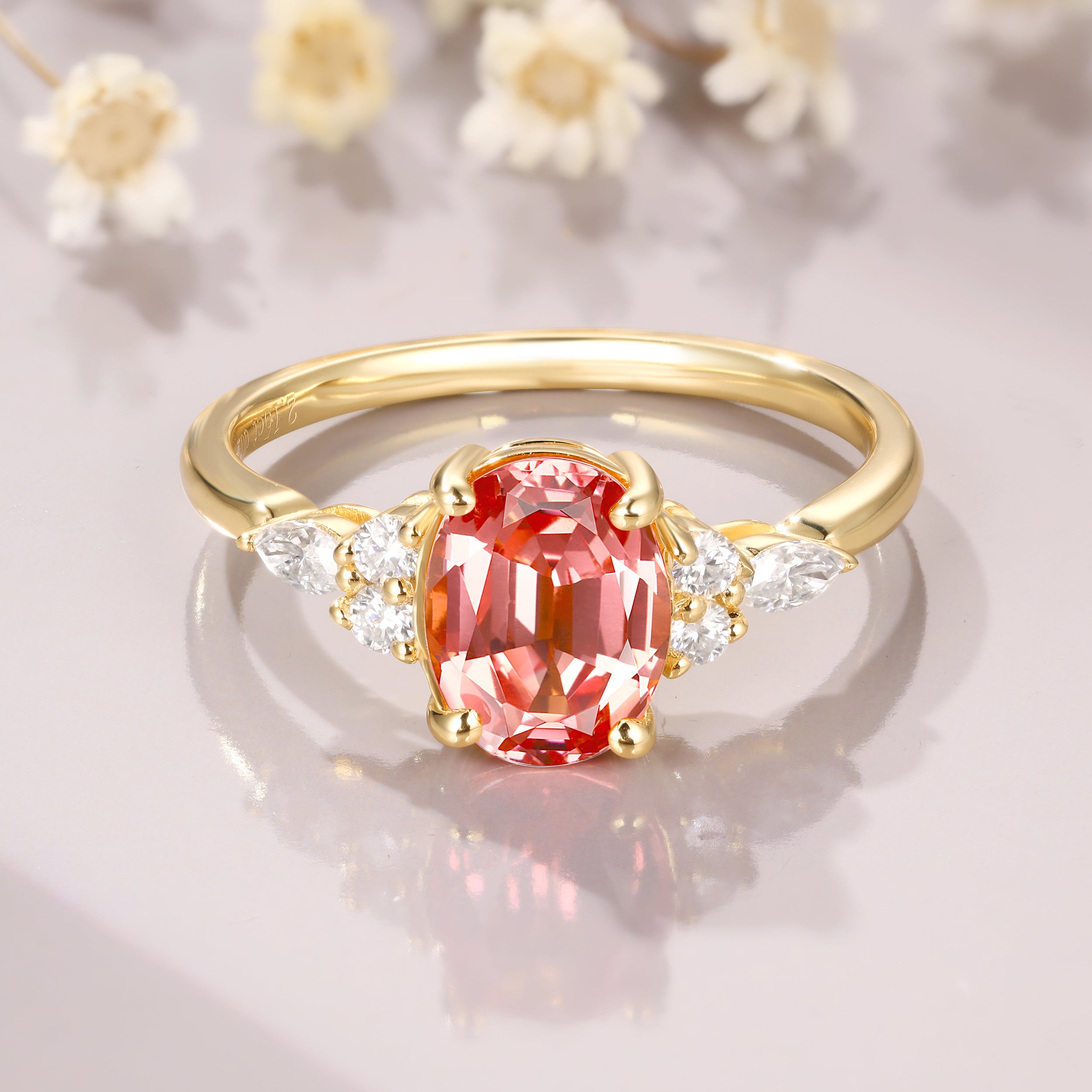 Oval Cut Padparadscha Sapphires Engagement Ring 14K Yellow Gold Padparadscha Ring Pink Sapphire Ring Anniversary Gift For Women