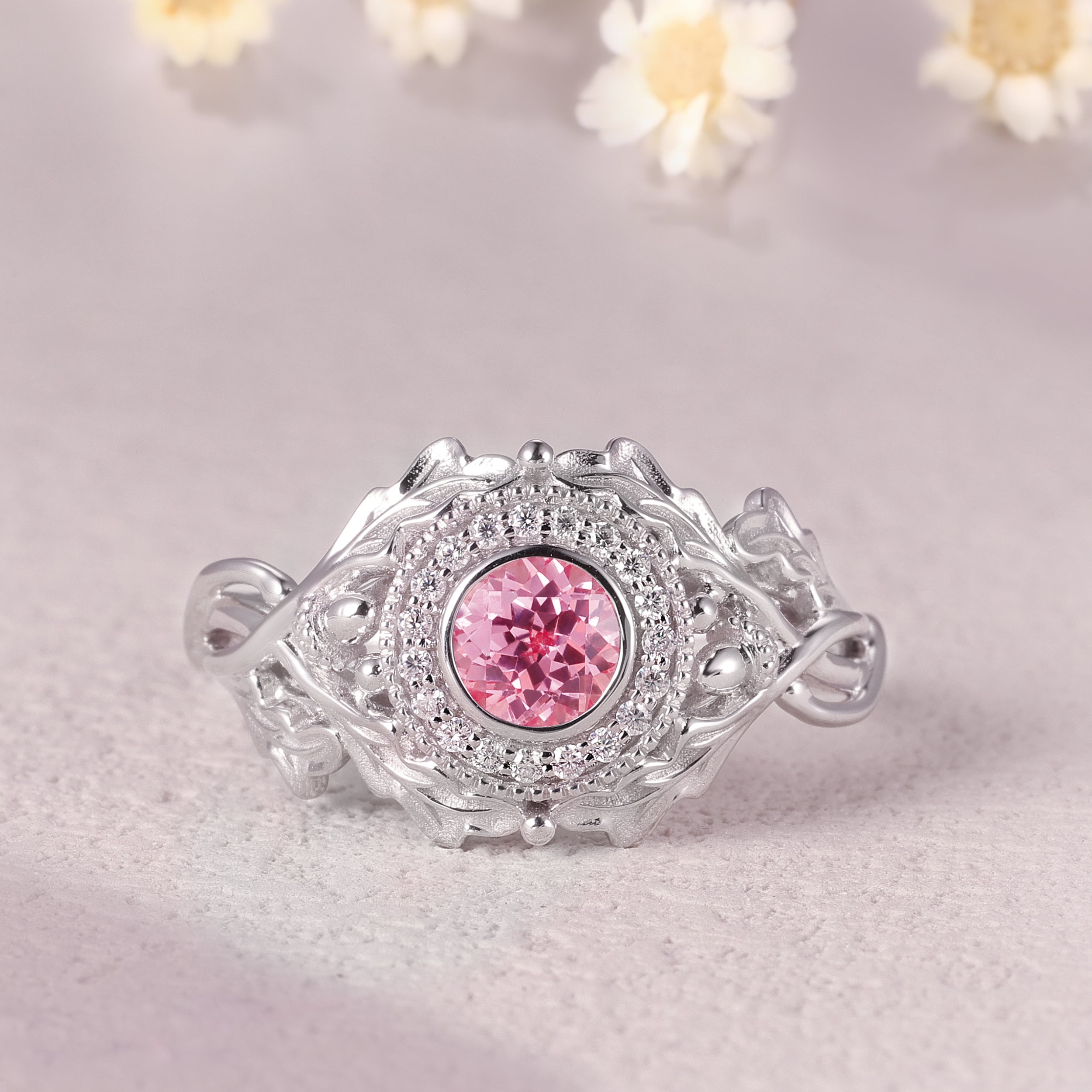 Round pink sapphire engagement ring, gold nature inspired ring