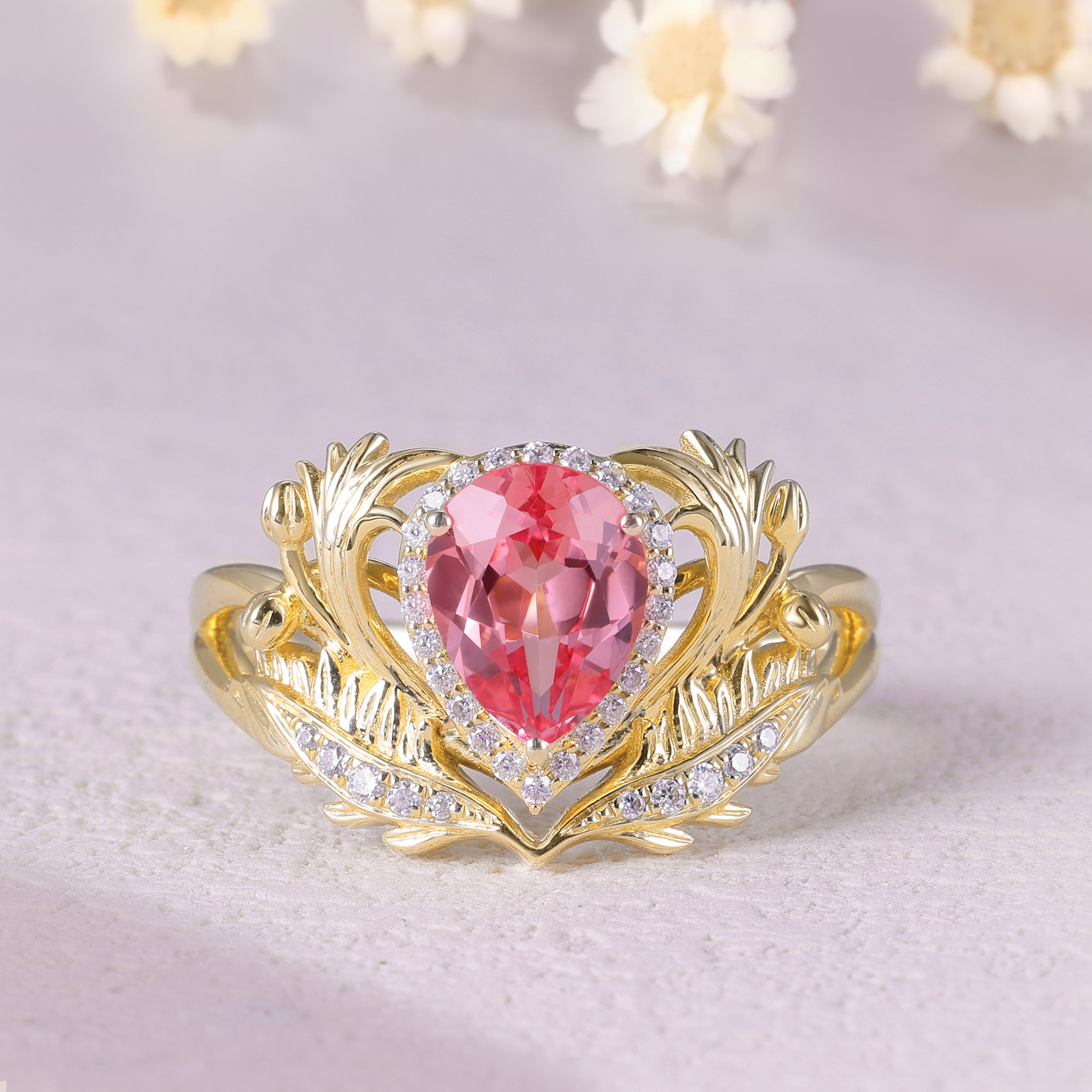 Pear pink sapphire engagement ring, gold nature inspired ring