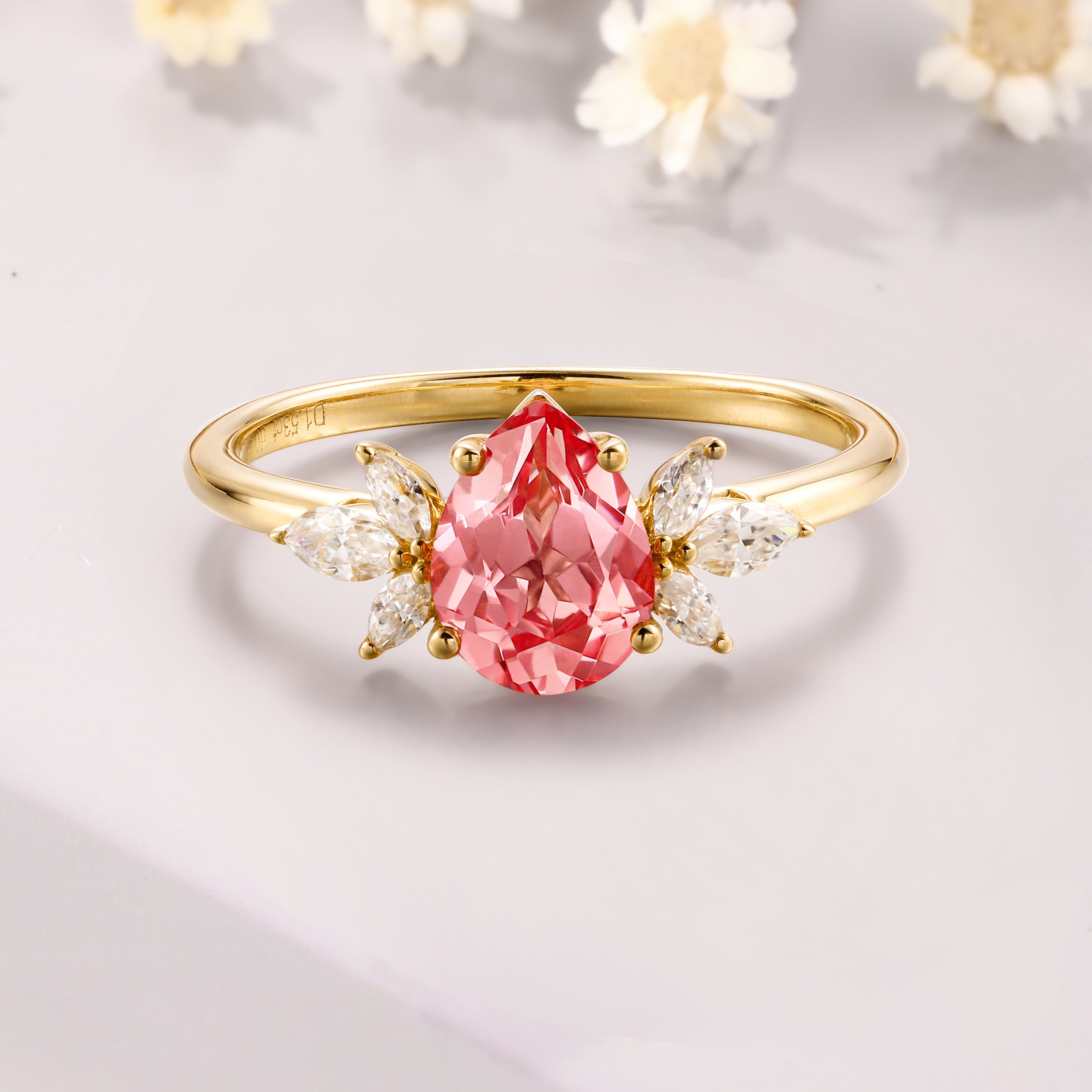 pear shaped Padparadscha sapphire Ring 14K yellow gold moissanite cluster ring pink sapphire ring for women