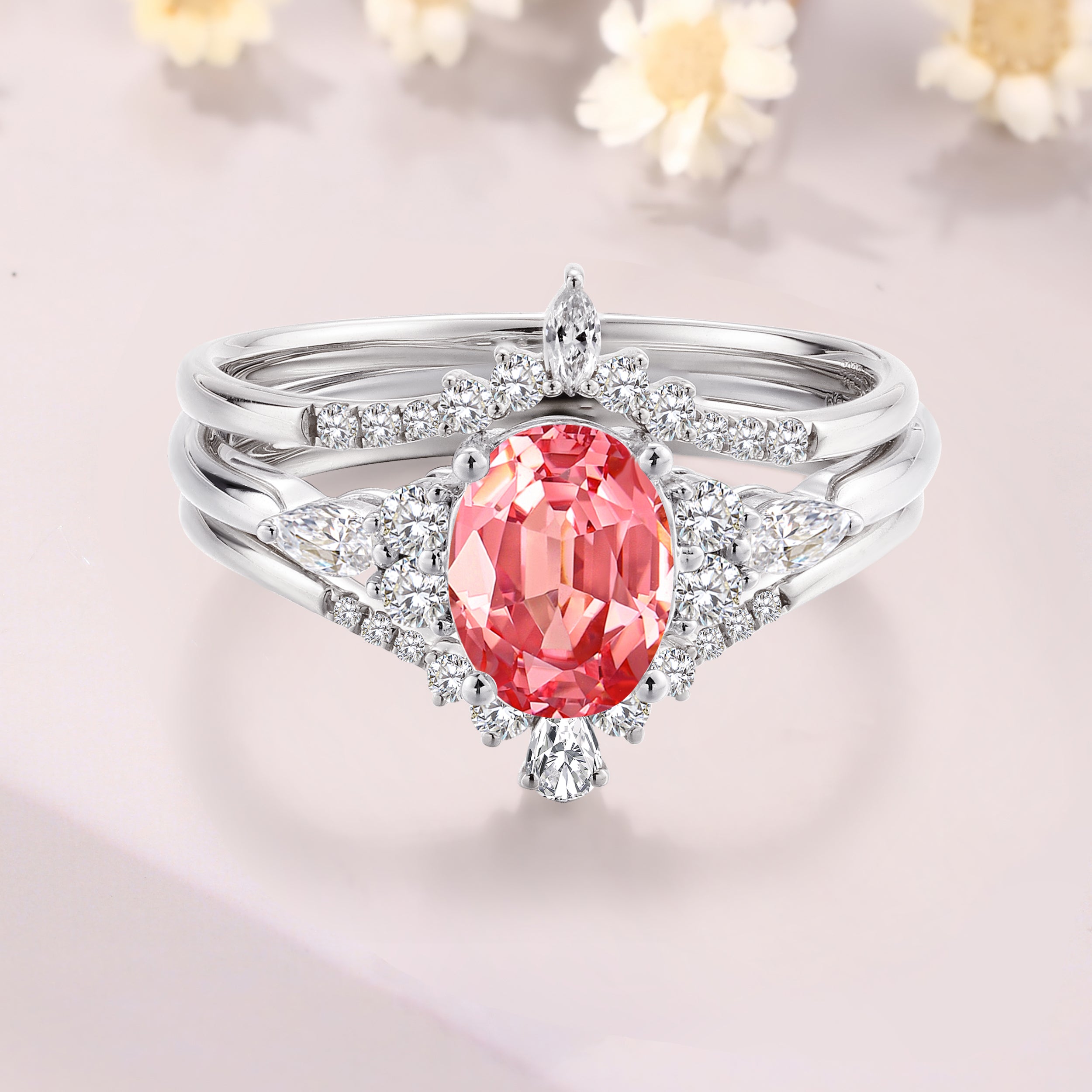 3pcs Oval Padparadscha sapphire engagement ring set 14K white gold pink sapphire bridal set Pink Gemstone Ring Anniversary Gift