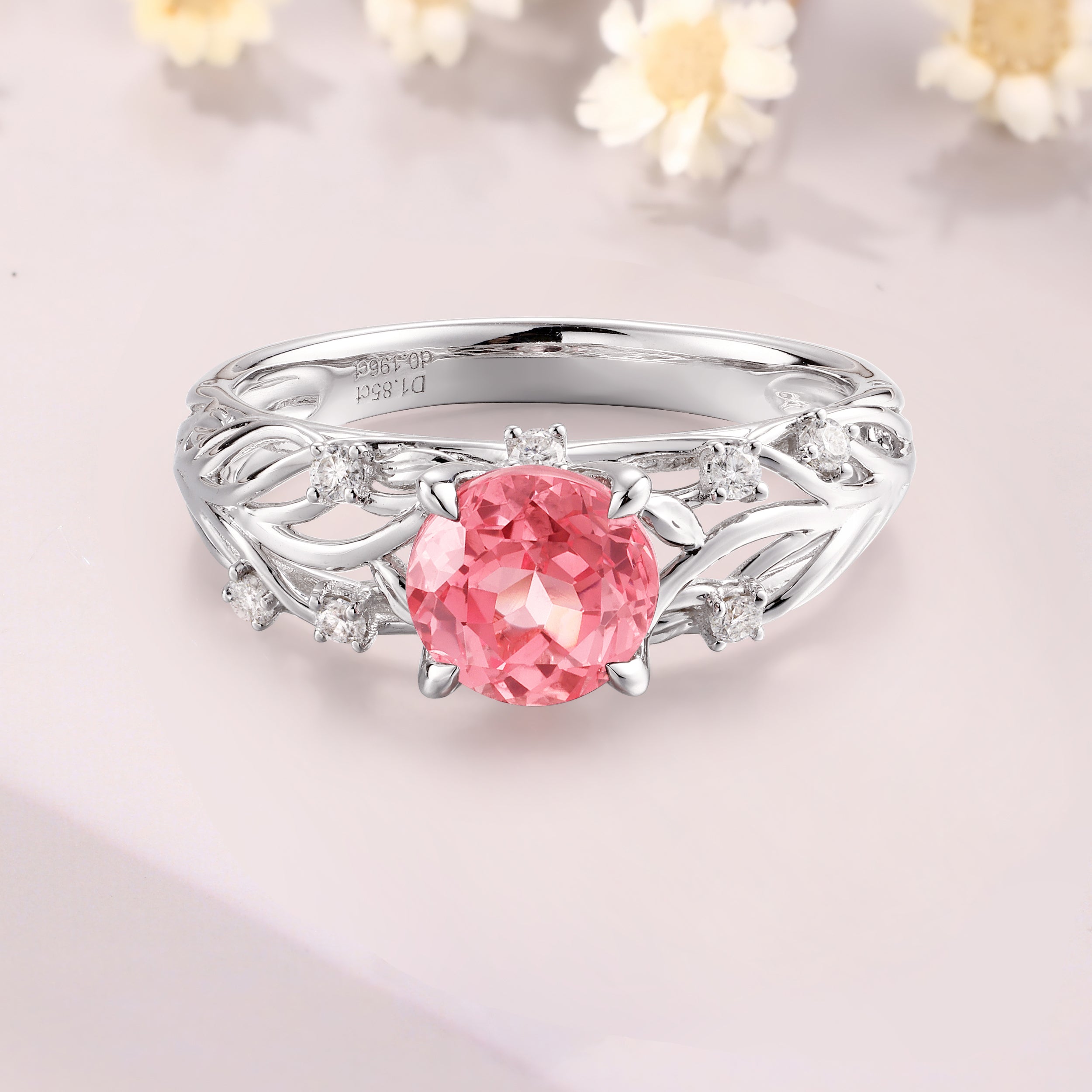 Vintage Round shaped Padparadscha sapphire engagement ring unique 14K white gold leaf branch ring natural inspired ring pink sapphire ring for women