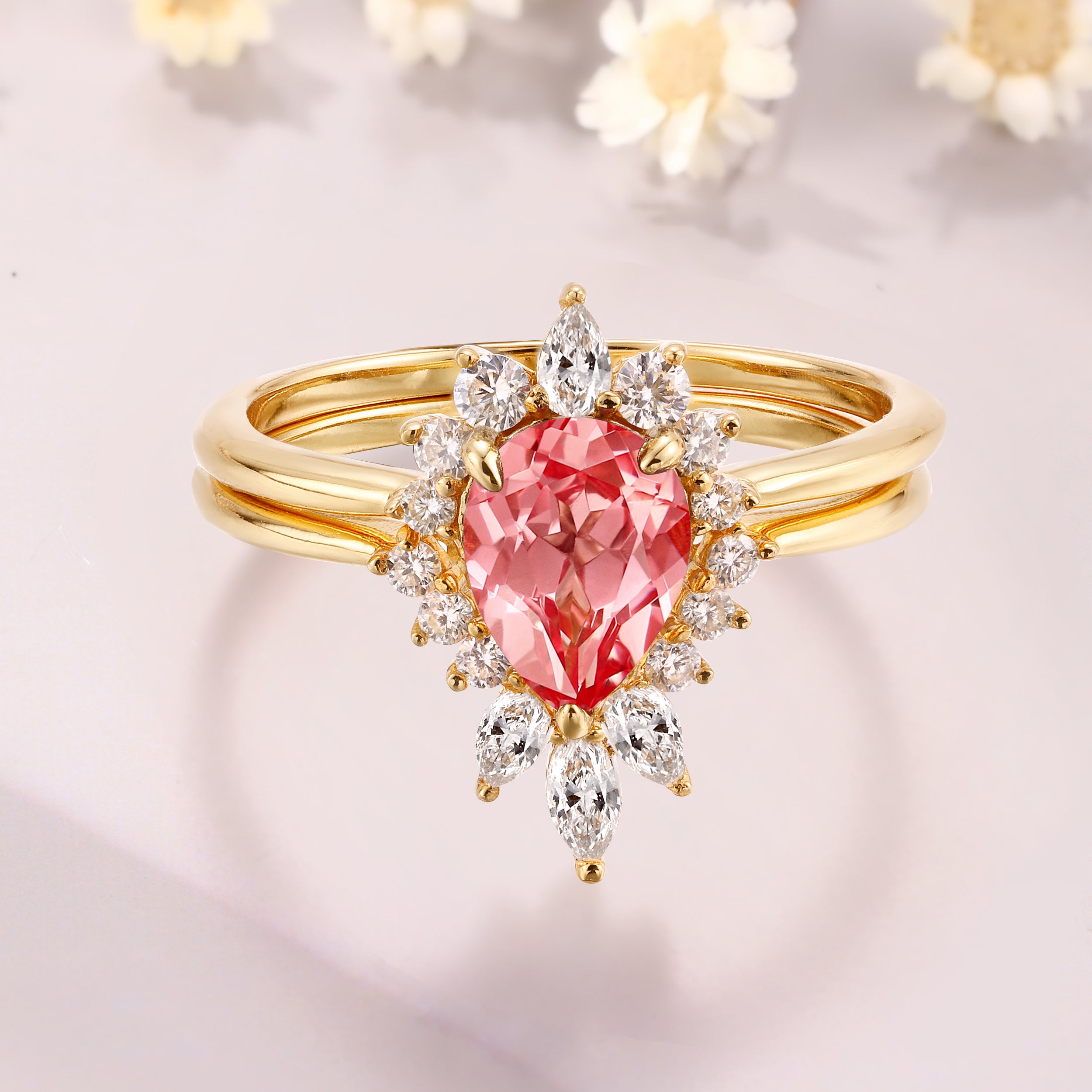 Pear shaped Padparadscha sapphire ring set 14K yellow gold marquise moissanite bridal ring set pink sapphire ring anniversary gift