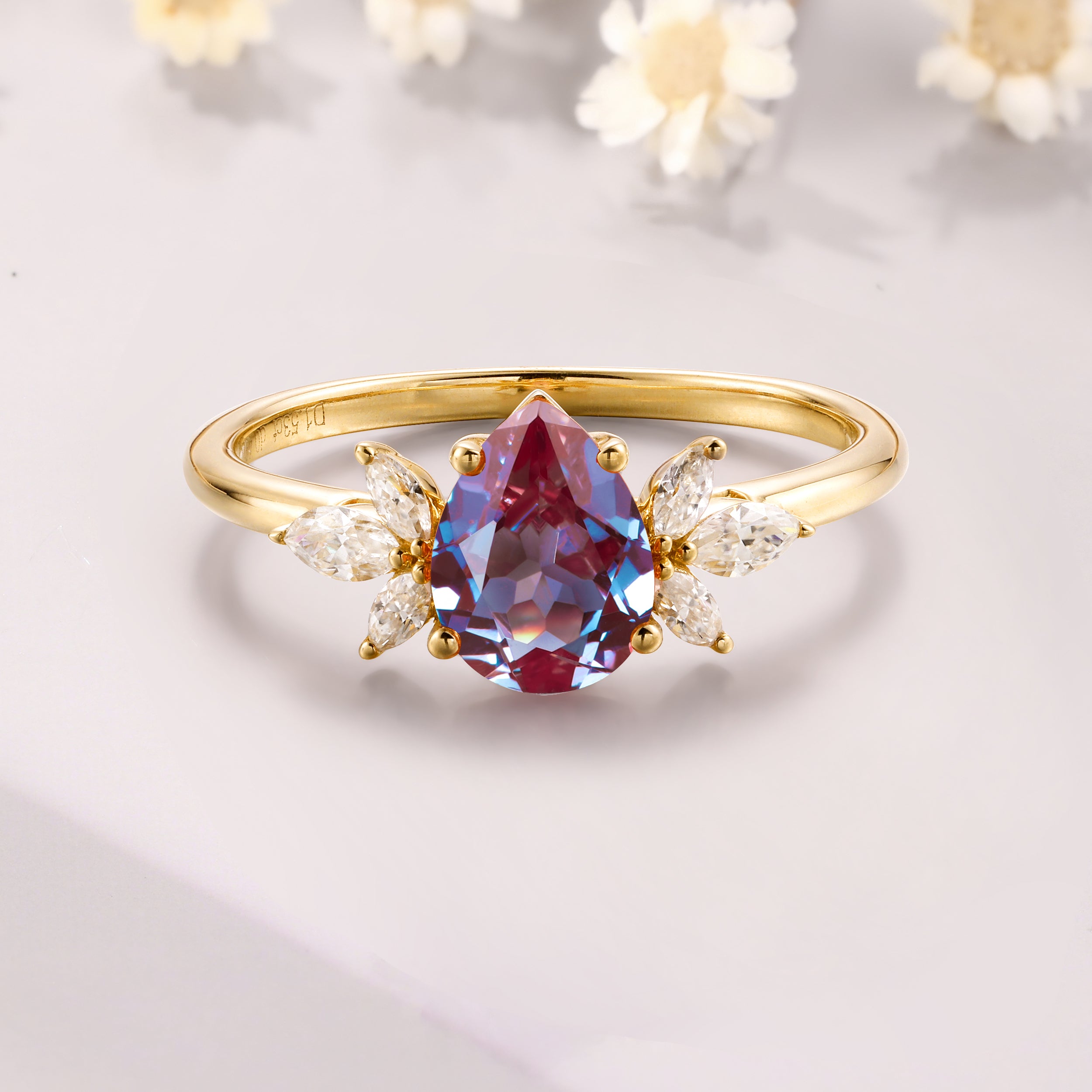 Pear shaped Alexandrite Engagement Ring 14K Yellow Gold vintage Cluster Ring Color Changing Stone Anniversary Gift For Women