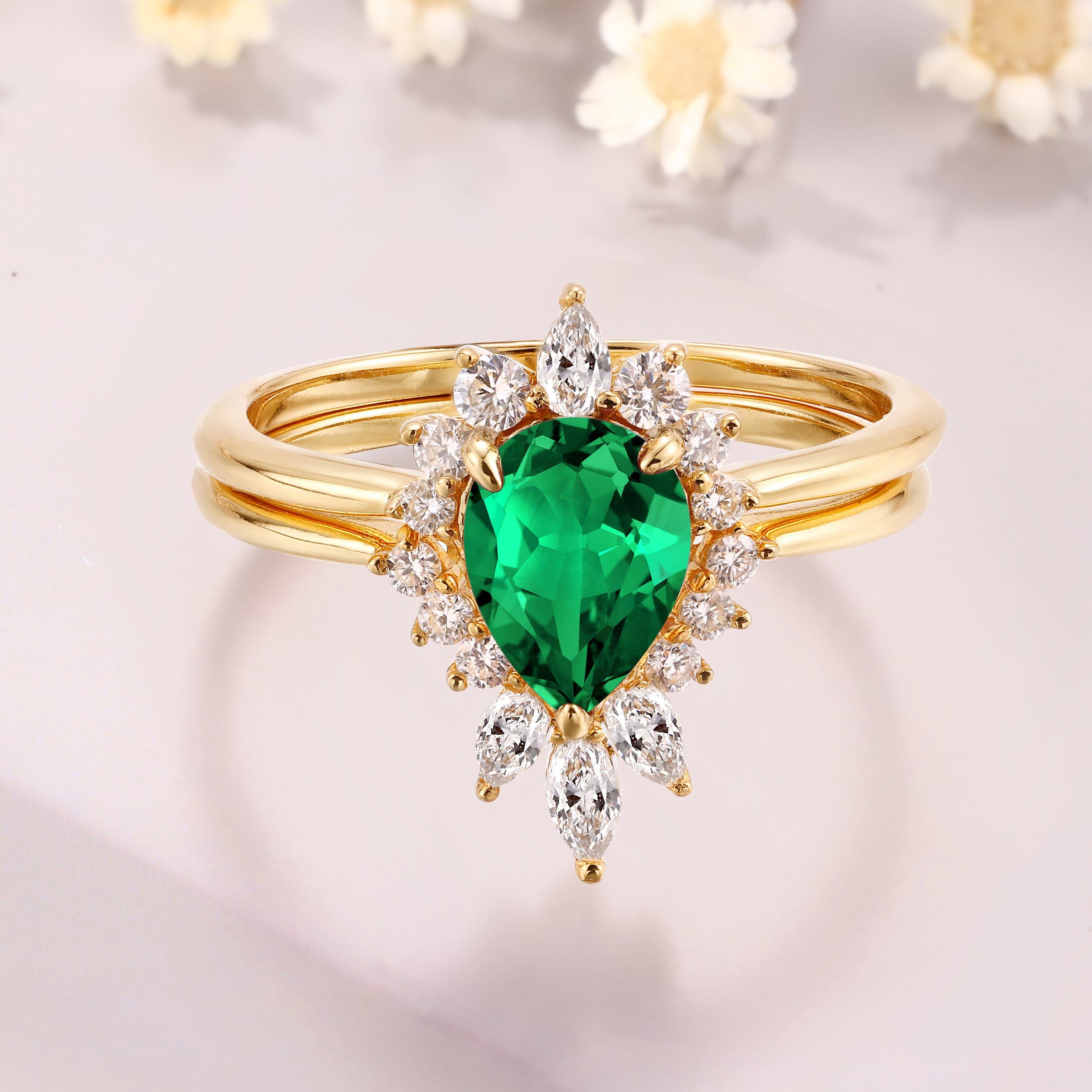 Tsavorite garnet engagement ring set 14K yellow gold marquise moissanite bridal set green gemstone ring gift for women