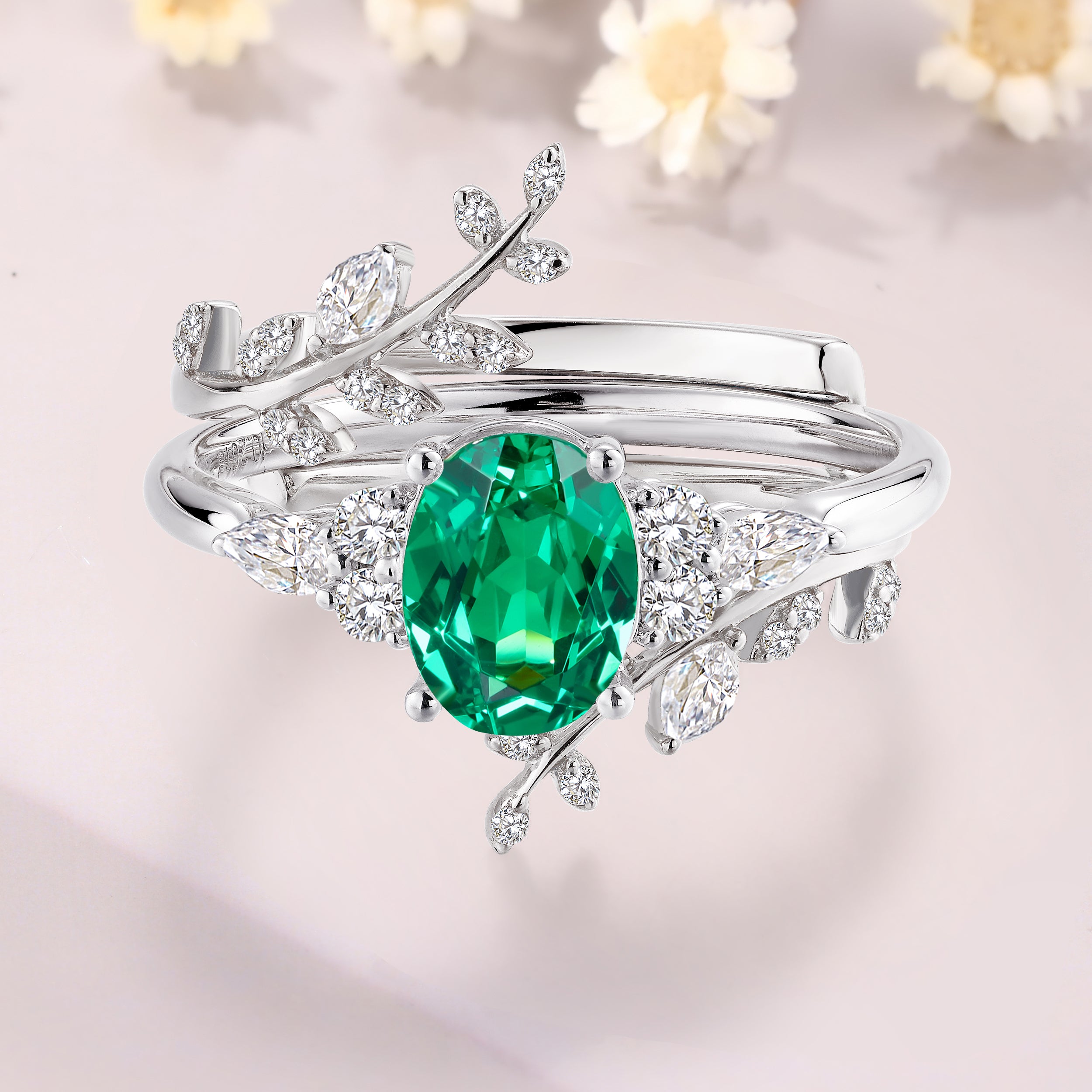 Oval Shaped Tsavorite garnet engagement ring set white gold natural inspired ring leaf branch vine ring enhancer wedding band