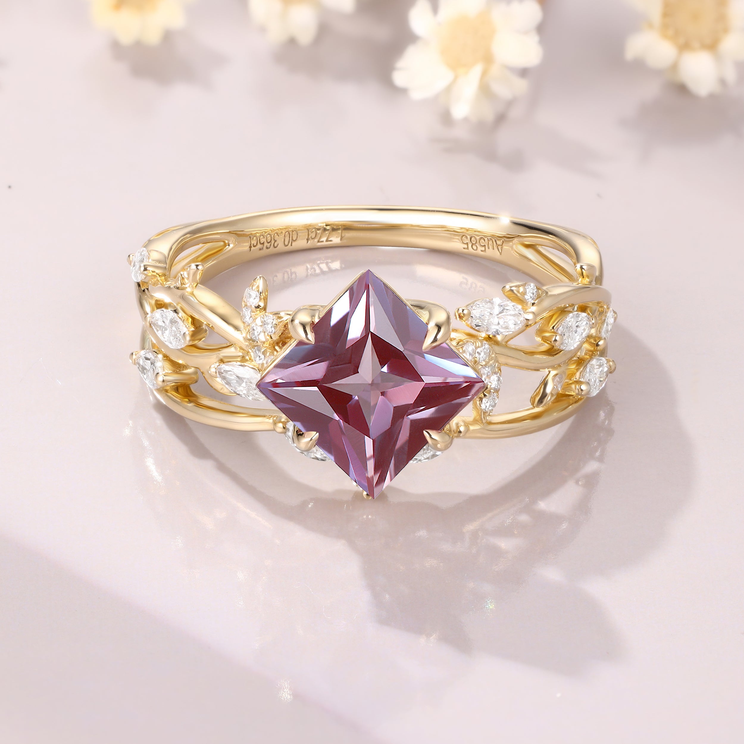 Nature inspired Princess cut Alexandrite engagement ring leaf branch ring Moissanite bridal ring set anniversary gift for women