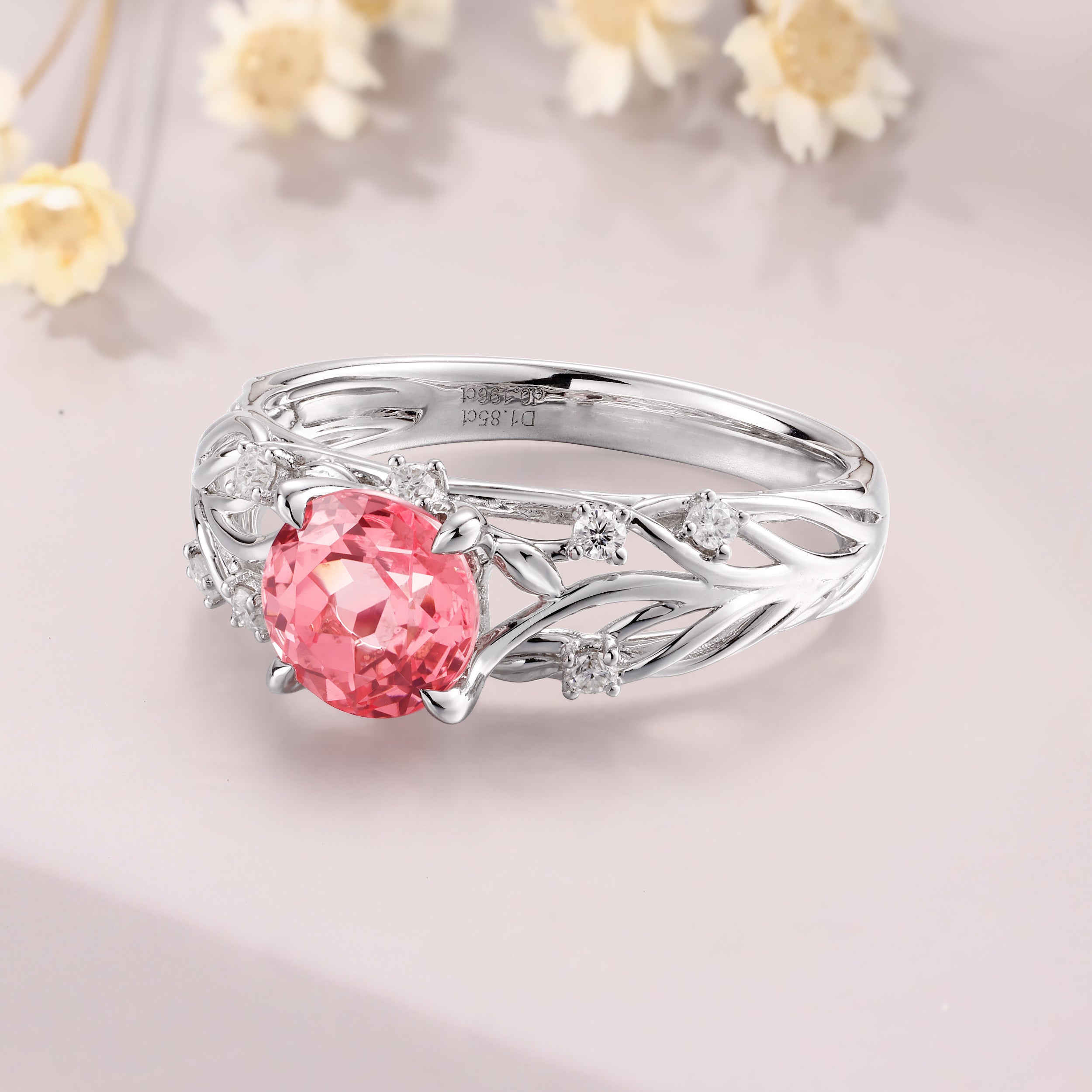 Vintage Round shaped Padparadscha sapphire engagement ring unique 14K white gold leaf branch ring natural inspired ring pink sapphire ring for women