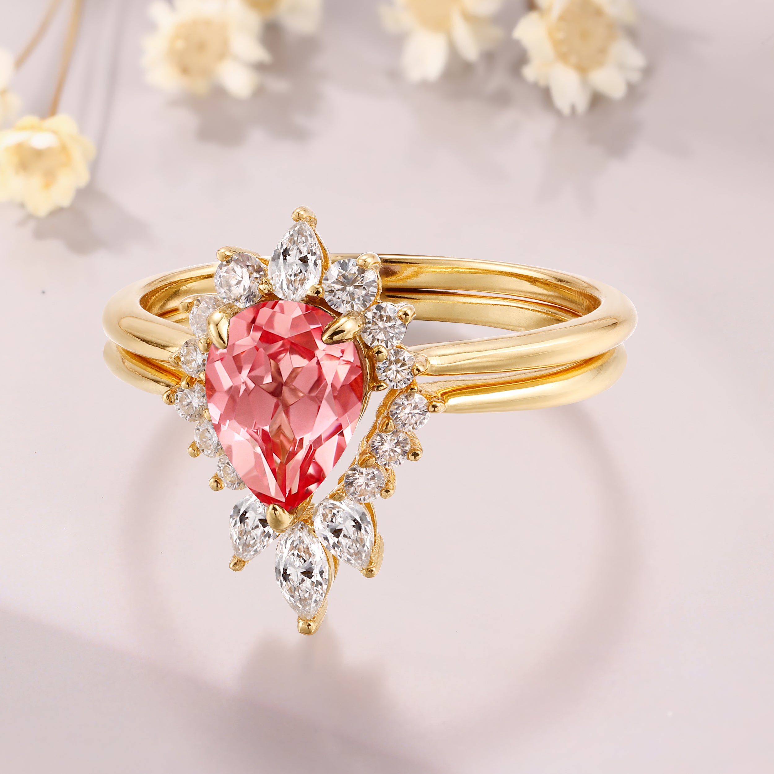 Pear shaped Padparadscha sapphire ring set 14K yellow gold marquise moissanite bridal ring set pink sapphire ring anniversary gift