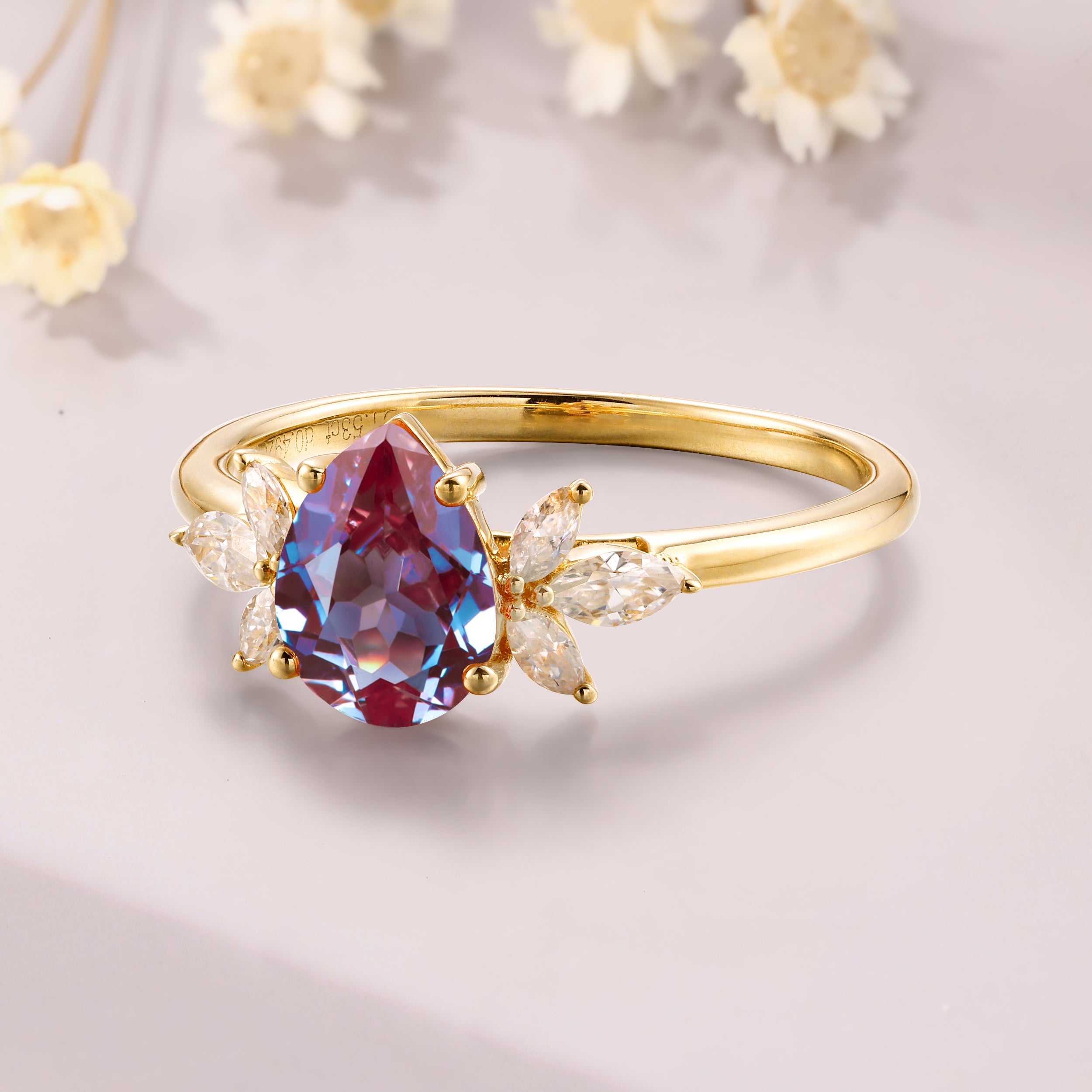 Pear shaped Alexandrite Engagement Ring 14K Yellow Gold vintage Cluster Ring Color Changing Stone Anniversary Gift For Women