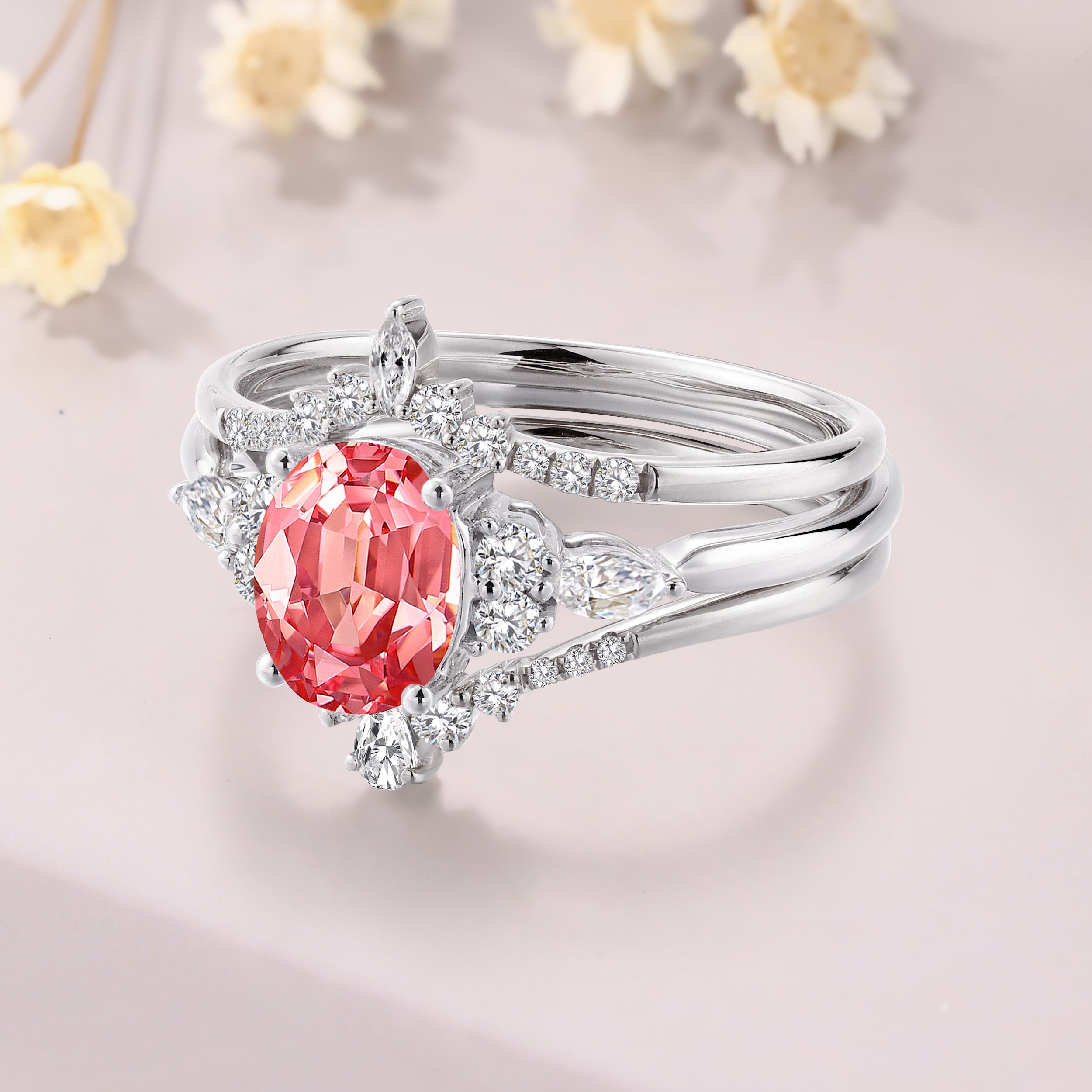 3pcs Oval Padparadscha sapphire engagement ring set 14K white gold pink sapphire bridal set Pink Gemstone Ring Anniversary Gift