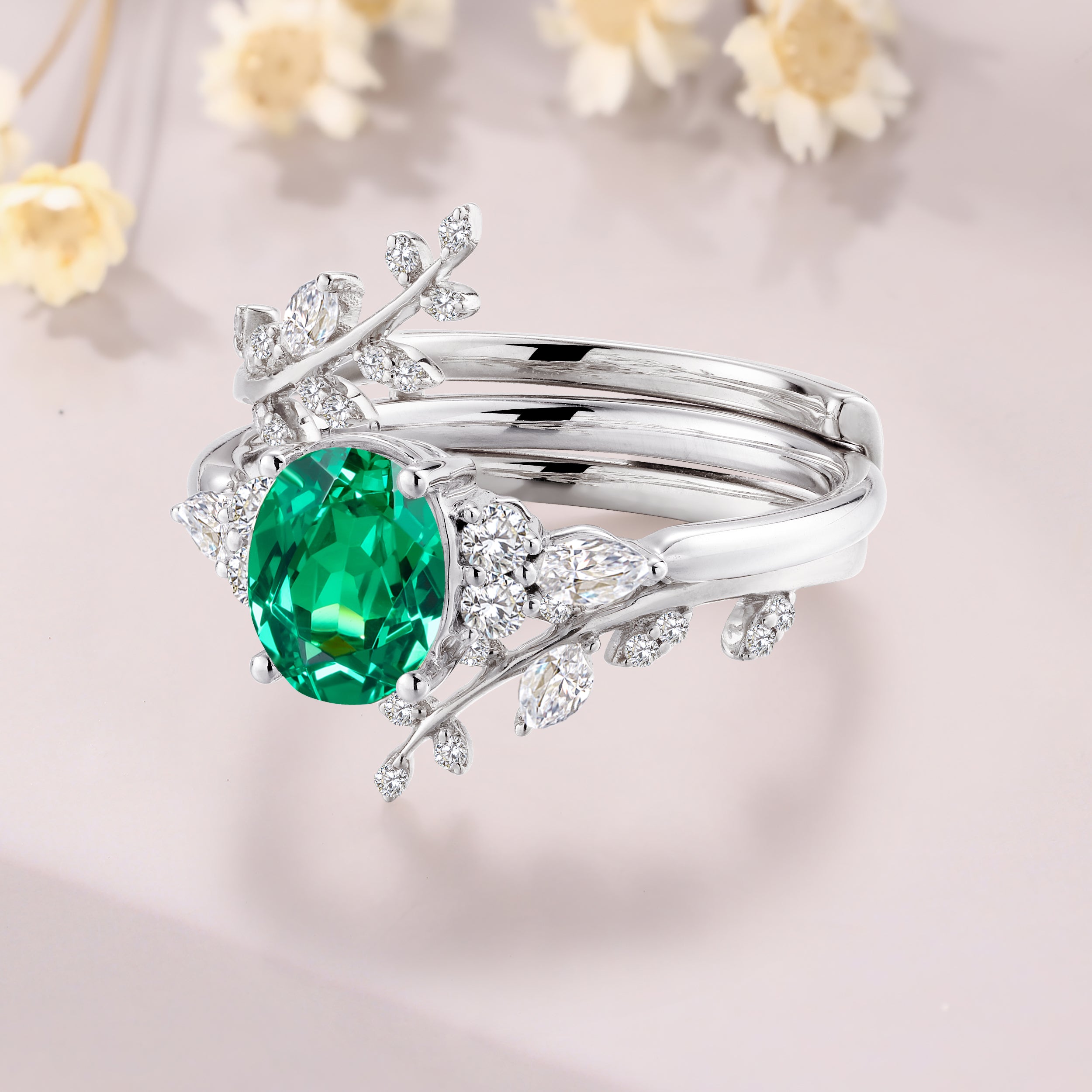 Oval Shaped Tsavorite garnet engagement ring set white gold natural inspired ring leaf branch vine ring enhancer wedding band