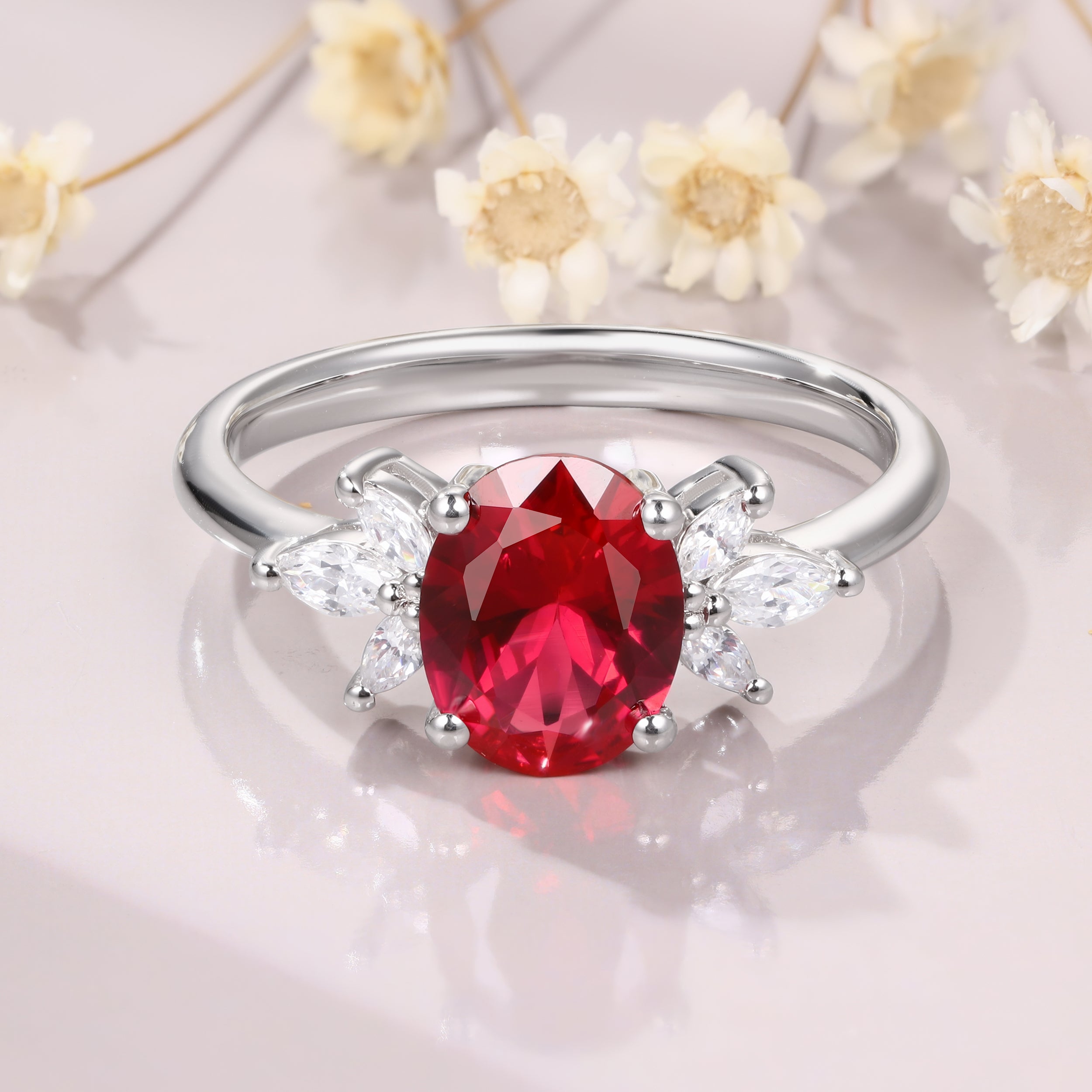 Oval Ruby Engagement Ring 14K white gold moissanite cluster Ring Ruby Promise Ring Anniversary Gift