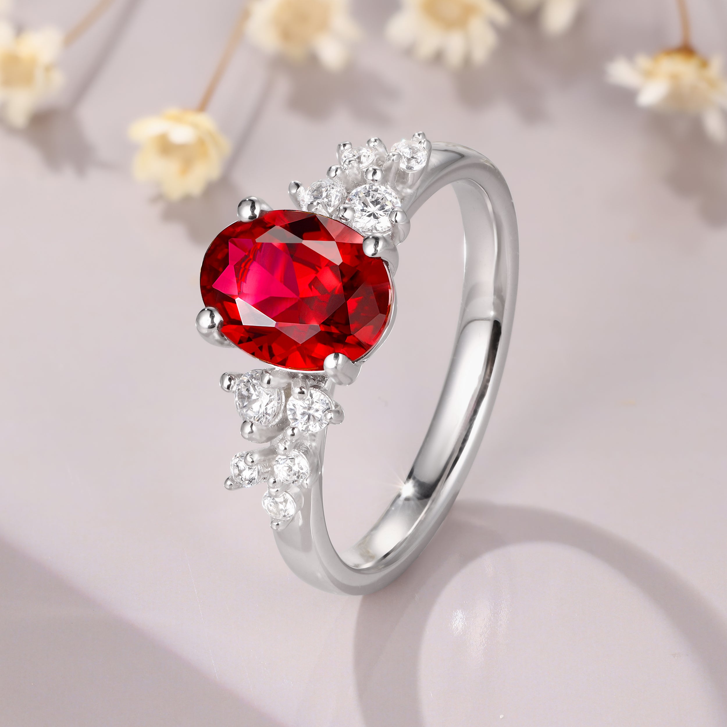 Vintage Oval Ruby Engagement Ring Lab Red Ruby Wedding Ring For Women Unique Cluster Moissanite Ring Bridal Promise Ring Gift for Her