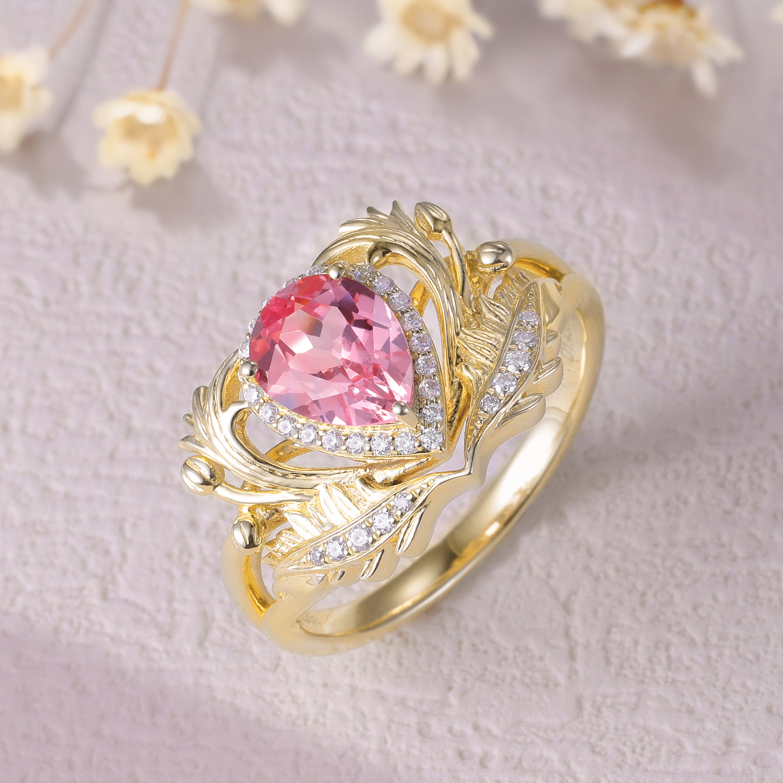 Pear pink sapphire engagement ring, gold nature inspired ring