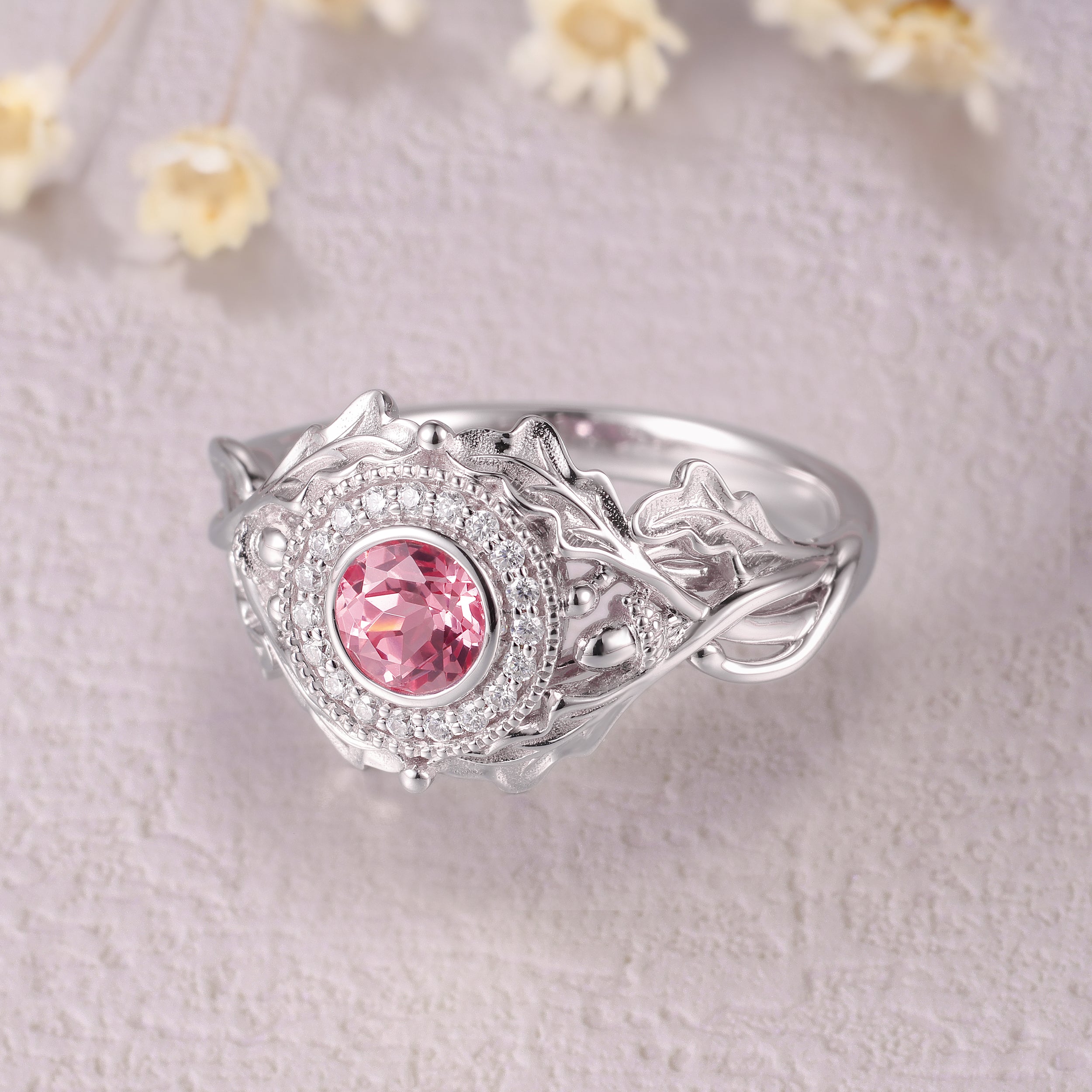 Round pink sapphire engagement ring, gold nature inspired ring