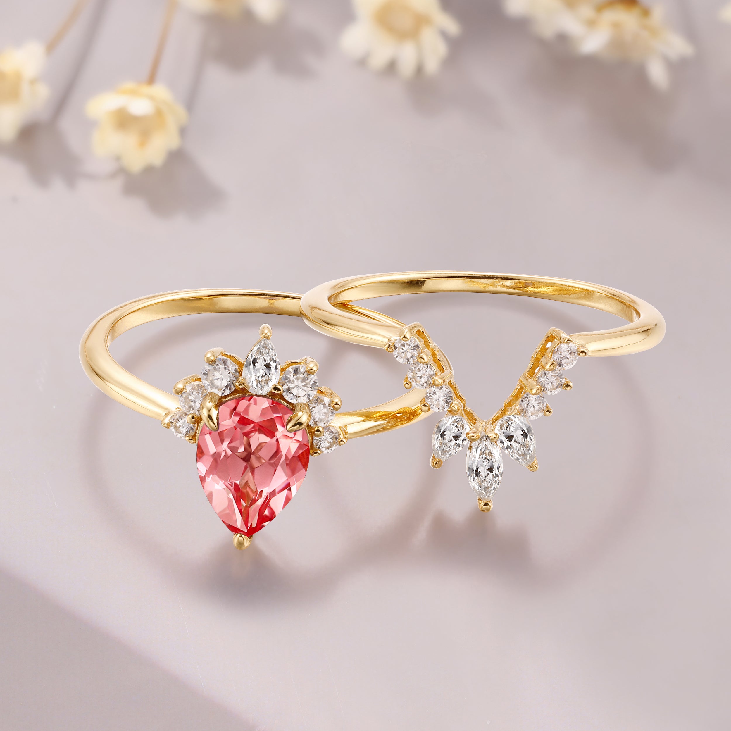 Pear shaped Padparadscha sapphire ring set 14K yellow gold marquise moissanite bridal ring set pink sapphire ring anniversary gift