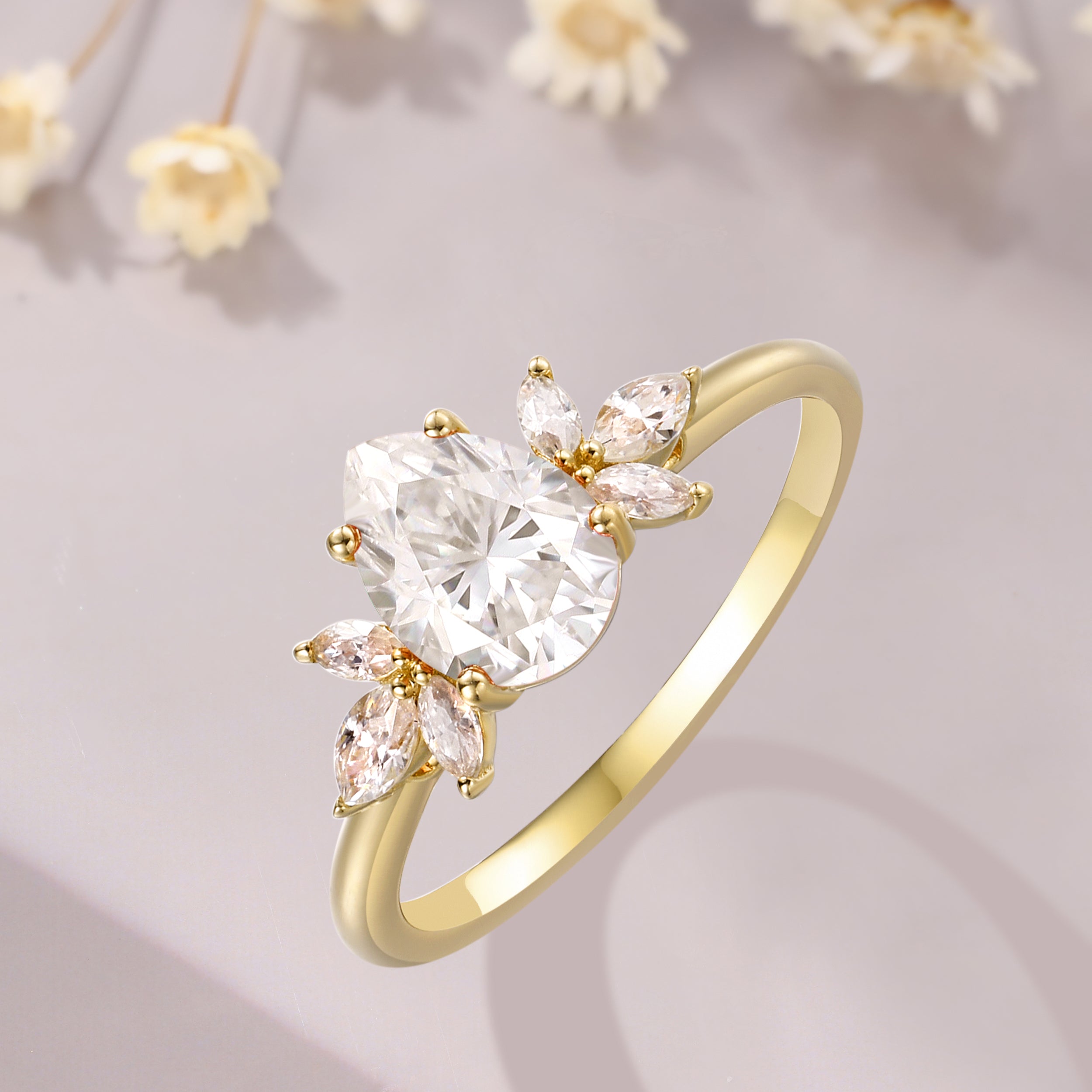 Pear shaped moissanite engagement ring Yellow Gold cluster Ring Marquise Moissanite Ring Anniversary Gift for Women