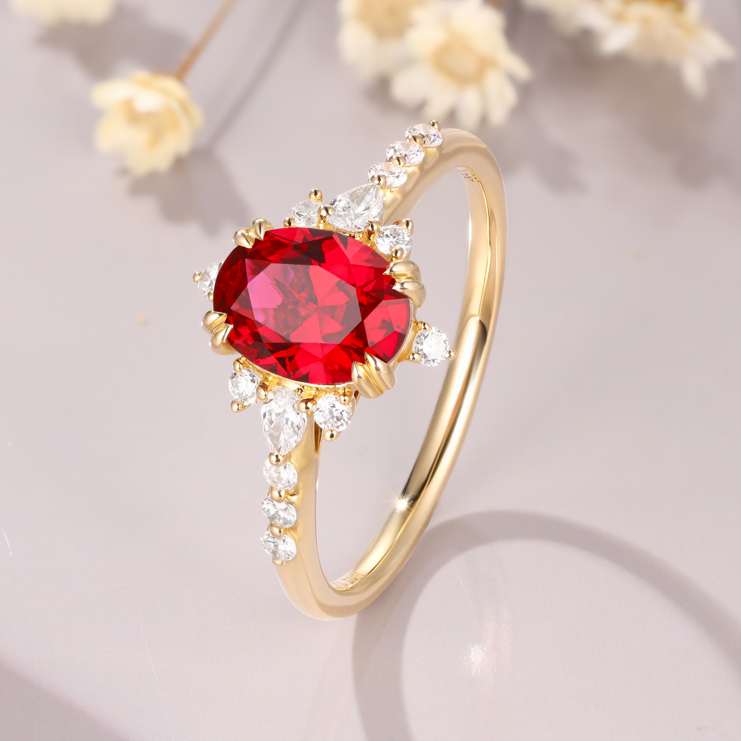 Oval cut Ruby engagement ring art deco ruby ring 14K yellow gold moissanite ring birthday gift