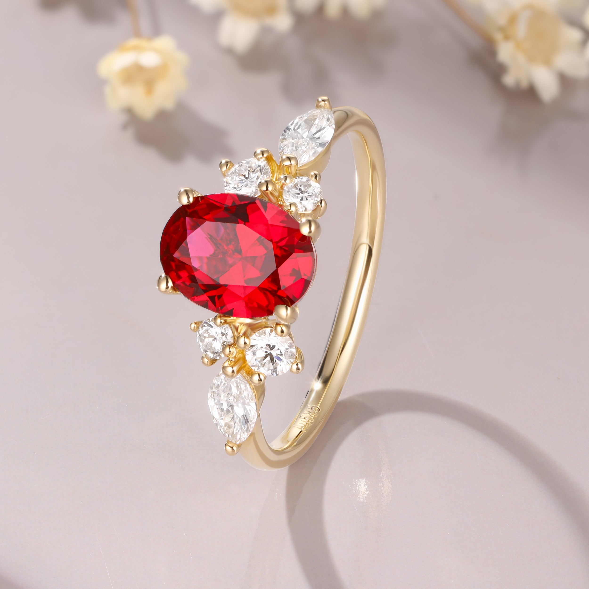 Oval Cut Red Ruby Engagement Ring 14K Yellow Gold marquise moissantie ring Art Deco Ruby Promise Ring Vintage Wedding Bridal Ring For Women