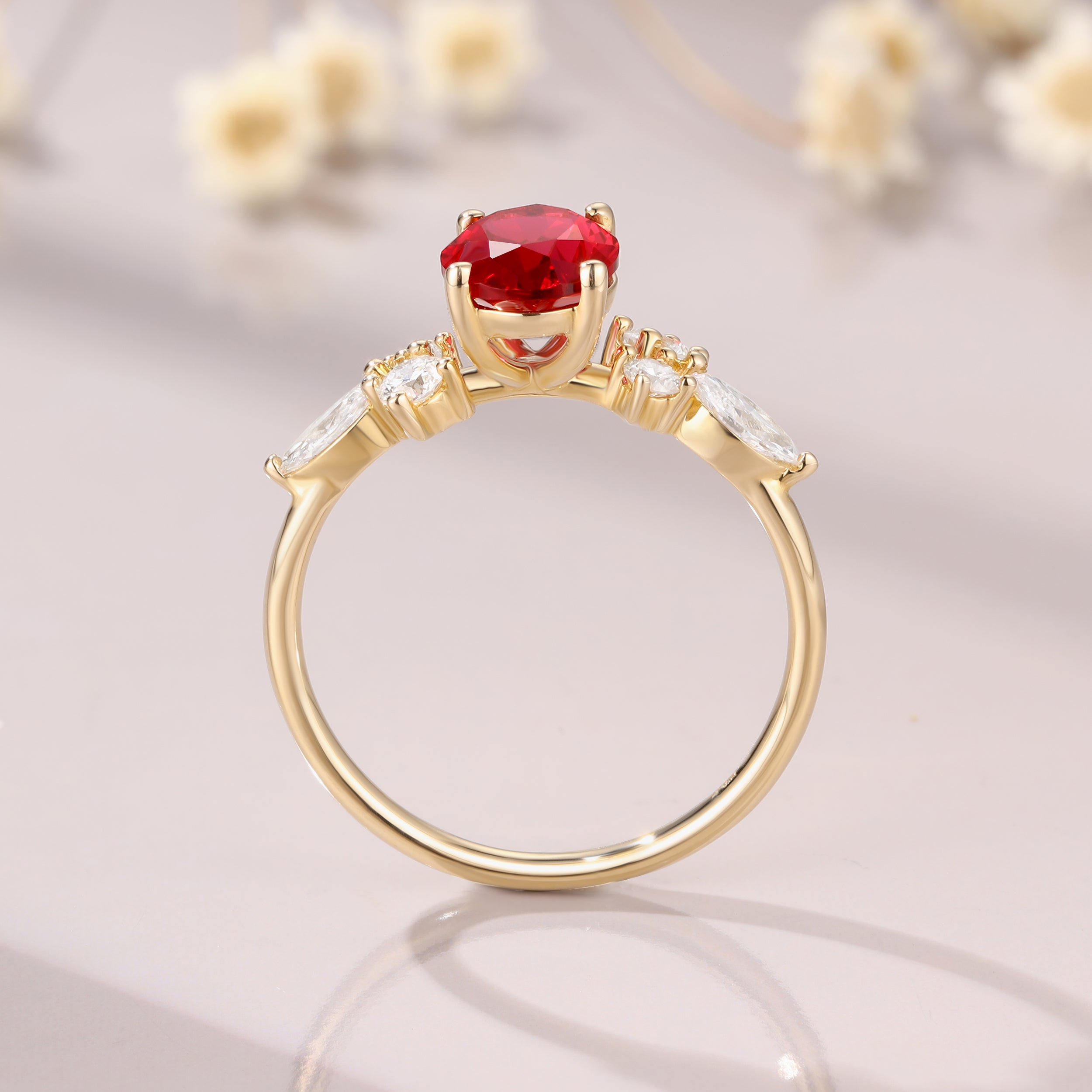 Oval Cut Red Ruby Engagement Ring 14K Yellow Gold marquise moissantie ring Art Deco Ruby Promise Ring Vintage Wedding Bridal Ring For Women