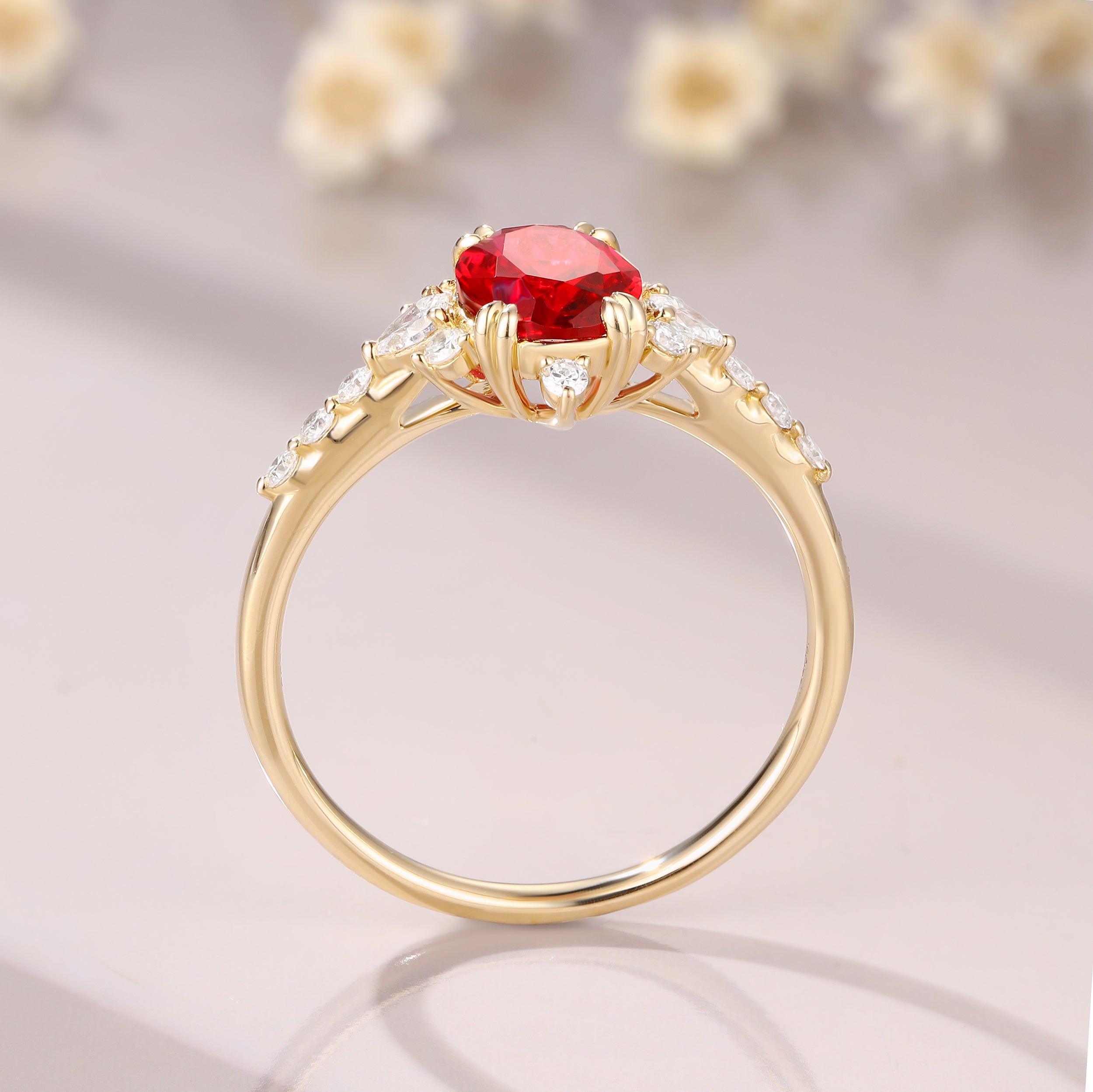 Oval cut Ruby engagement ring art deco ruby ring 14K yellow gold moissanite ring birthday gift